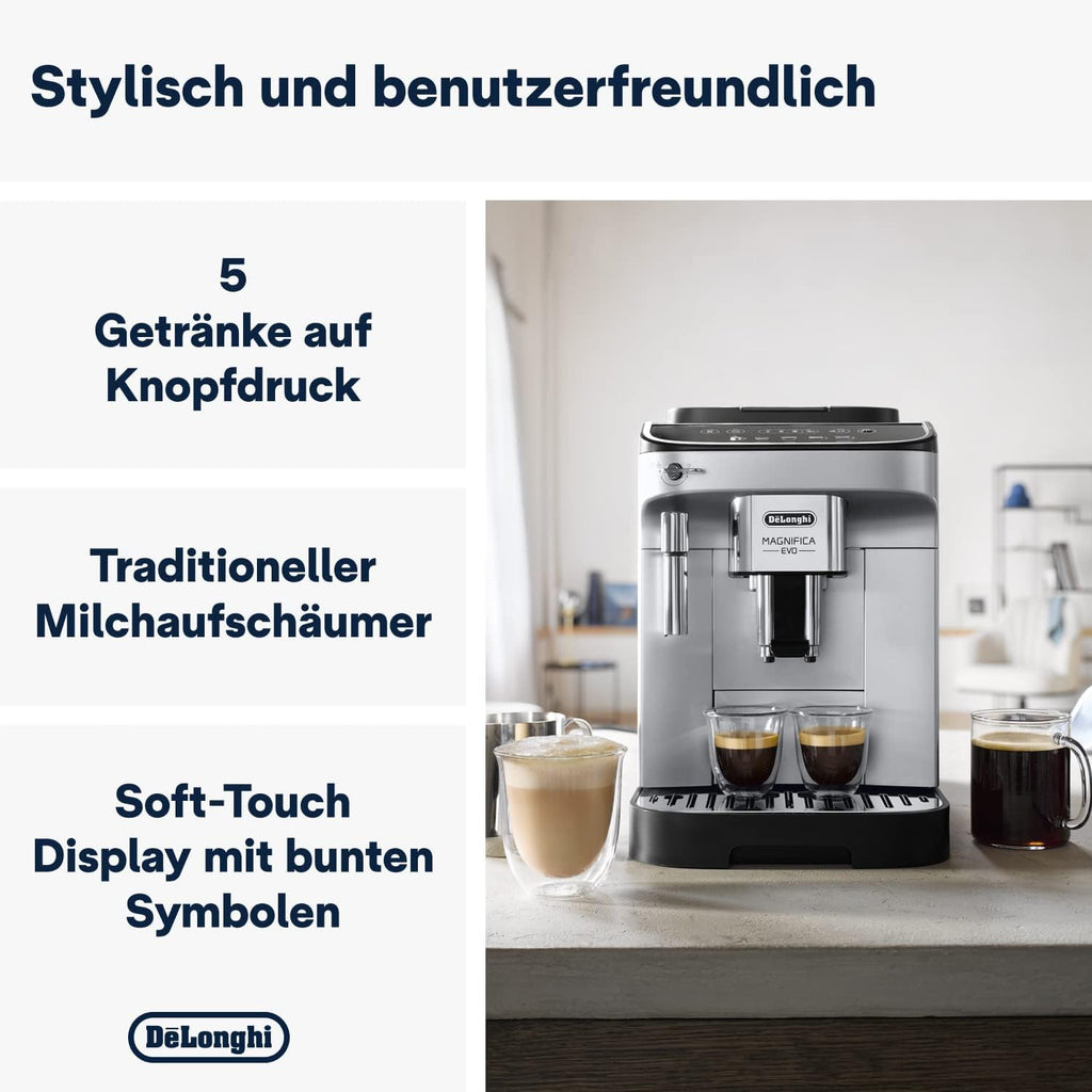 De’Longhi Magnifica Evo - Perfetto Kaffeevollautomat mit klassischem Milchaufschäumer, 4 One-Touch-Getränke, Cappuccino, Espresso Kaffeemaschine, Soft-Touch-Bedienfeld, Silber (ECAM292.33.SB)