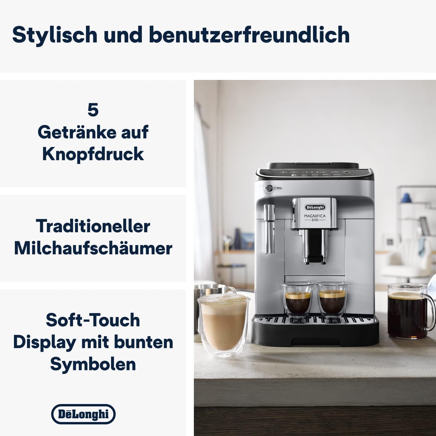 De’Longhi Magnifica Evo - Perfetto Kaffeevollautomat mit klassischem Milchaufschäumer, 4 One-Touch-Getränke, Cappuccino, Espresso Kaffeemaschine, Soft-Touch-Bedienfeld, Silber (ECAM292.33.SB)