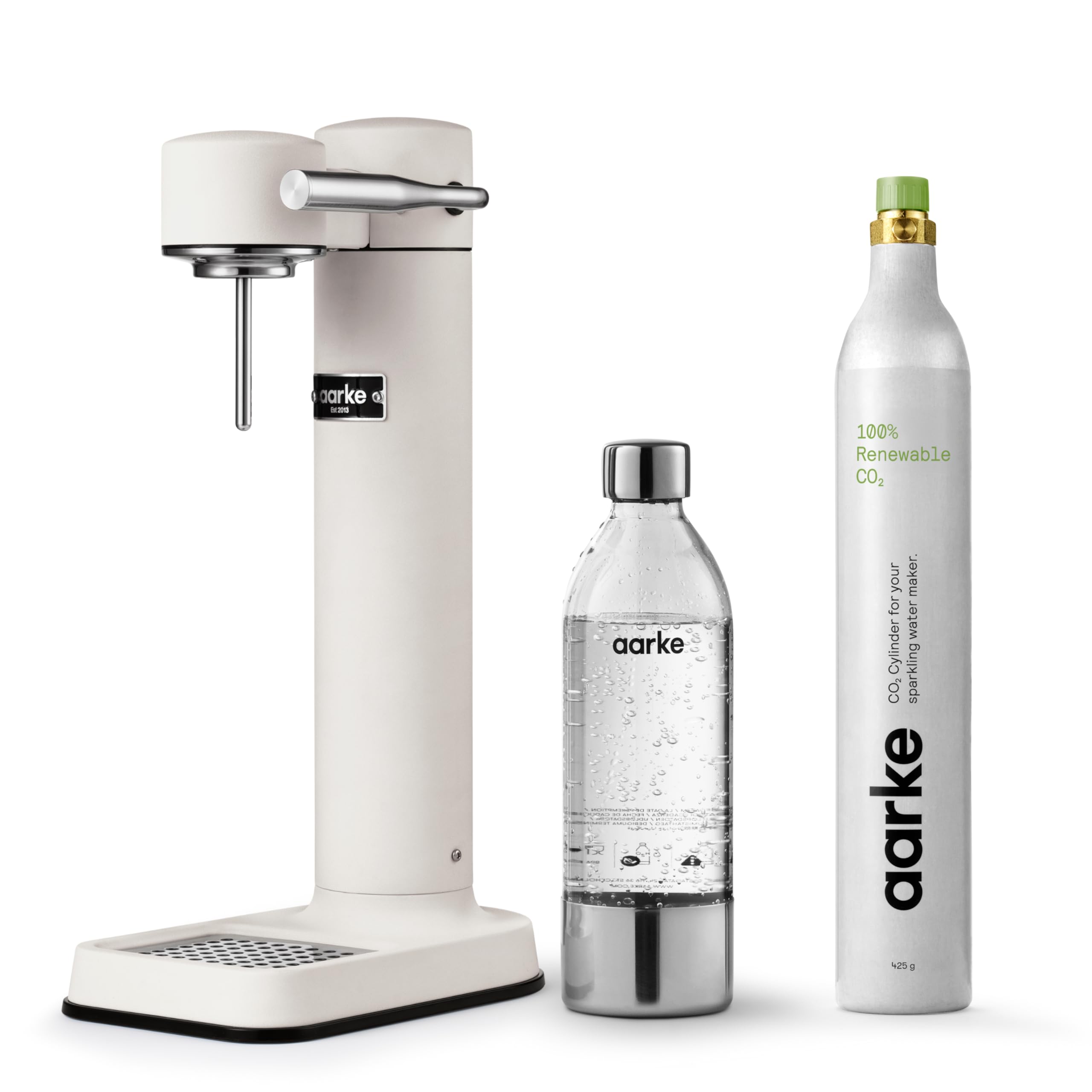 Aarke Carbonator 3, Wassersprudler aus Edelstahl im modernen Edelstahl Finish mit BPA-freier 1L PET-Flasche, Sprudelwasserbereiter für Leitungswasser, kompatibel mit 60L CO2-Zylindern