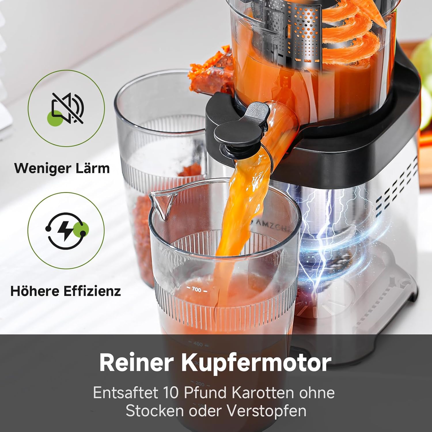 AMZCHEF Entsafter Slow Juicer 136 mm – Saftpresse Elektrisch für Gemüse & Obst – Cold Press Juicer mit 2 Filtern – Leise & Leicht zu Reinigen - Silber