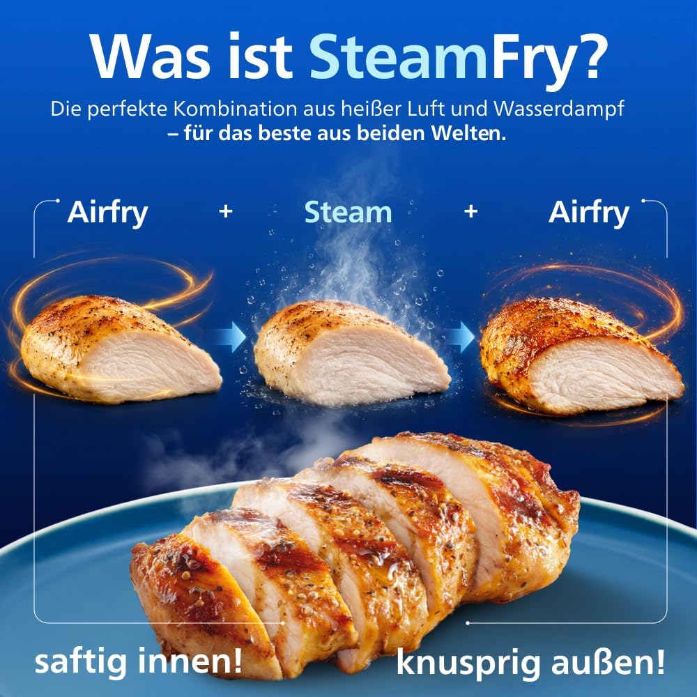 Philips Steam Airfryer 5000 Series Dual Basket Heißluftfritteuse mit Dampfgar-Funktion & 2 Körben – Steam, Airfry, SteamFry, 9L (3L+6L), RapidAir Plus, automatische Dampfreinigung (NA550/00)