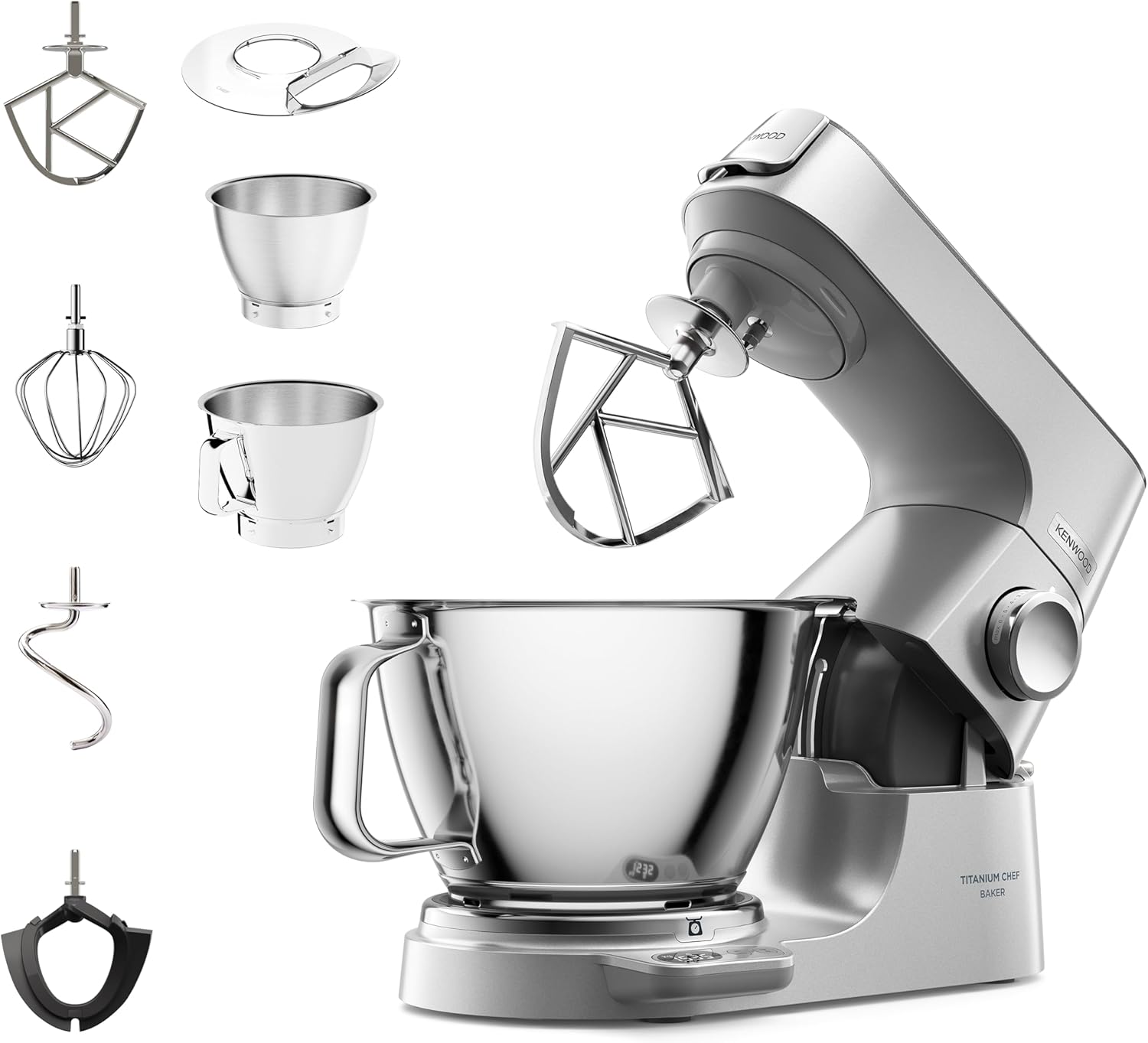 Kenwood Titanium Chef Baker KVC85.004SI Küchenmaschine mit integrierter Waage,inkl. 3-teiligem Patisserie-Set,5 L und 3,5 L ,stufenloser Geschwindigkeitsregler,1200 W,Silber,Stainless Steel