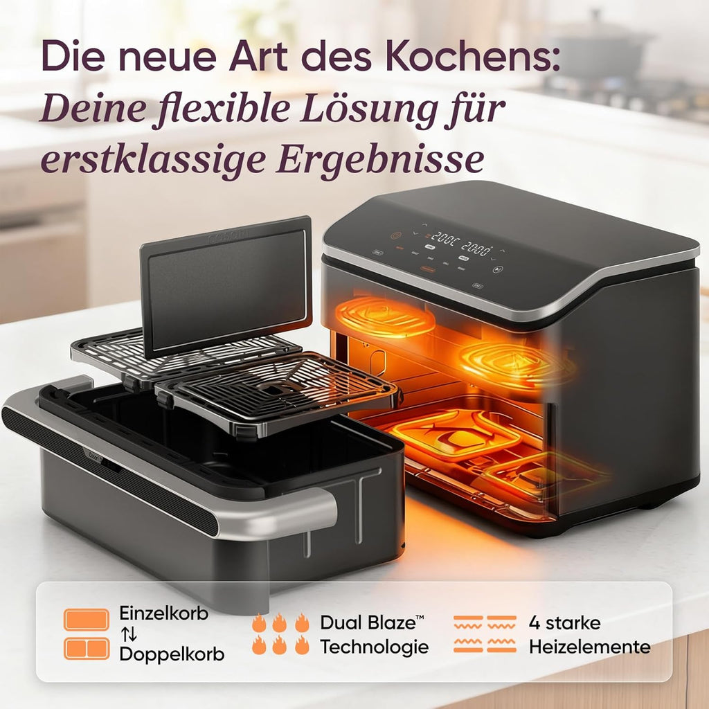 COSORI Heißluftfritteuse 2 Kammern, Dual Blaze TwinFry 10L Airfryer, mit 4 Heizrohren und flexiblen Kammern, gleichmäßige Hitzeverteilung, Temperatur bis 240 Grad C, Schwarz, TF102S