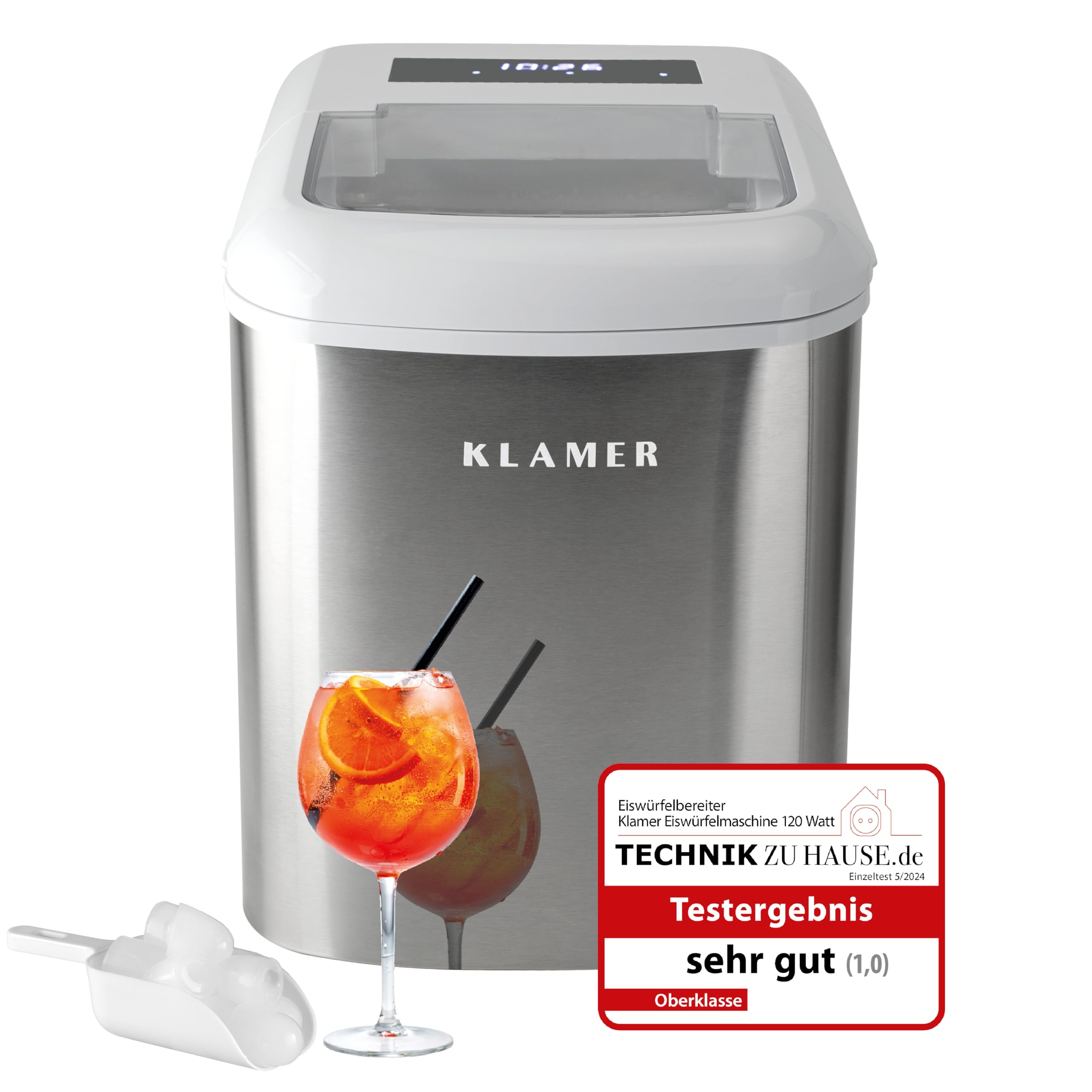 KLAMER Eiswürfelmaschine klein mit Eisschaufel & 2 Eiswürfelgrößen - 10 Eiswürfel in nur 7 Min, 15 kg Eiswürfel pro Tag - leiser Ice Maker mit Timer (schwarz)