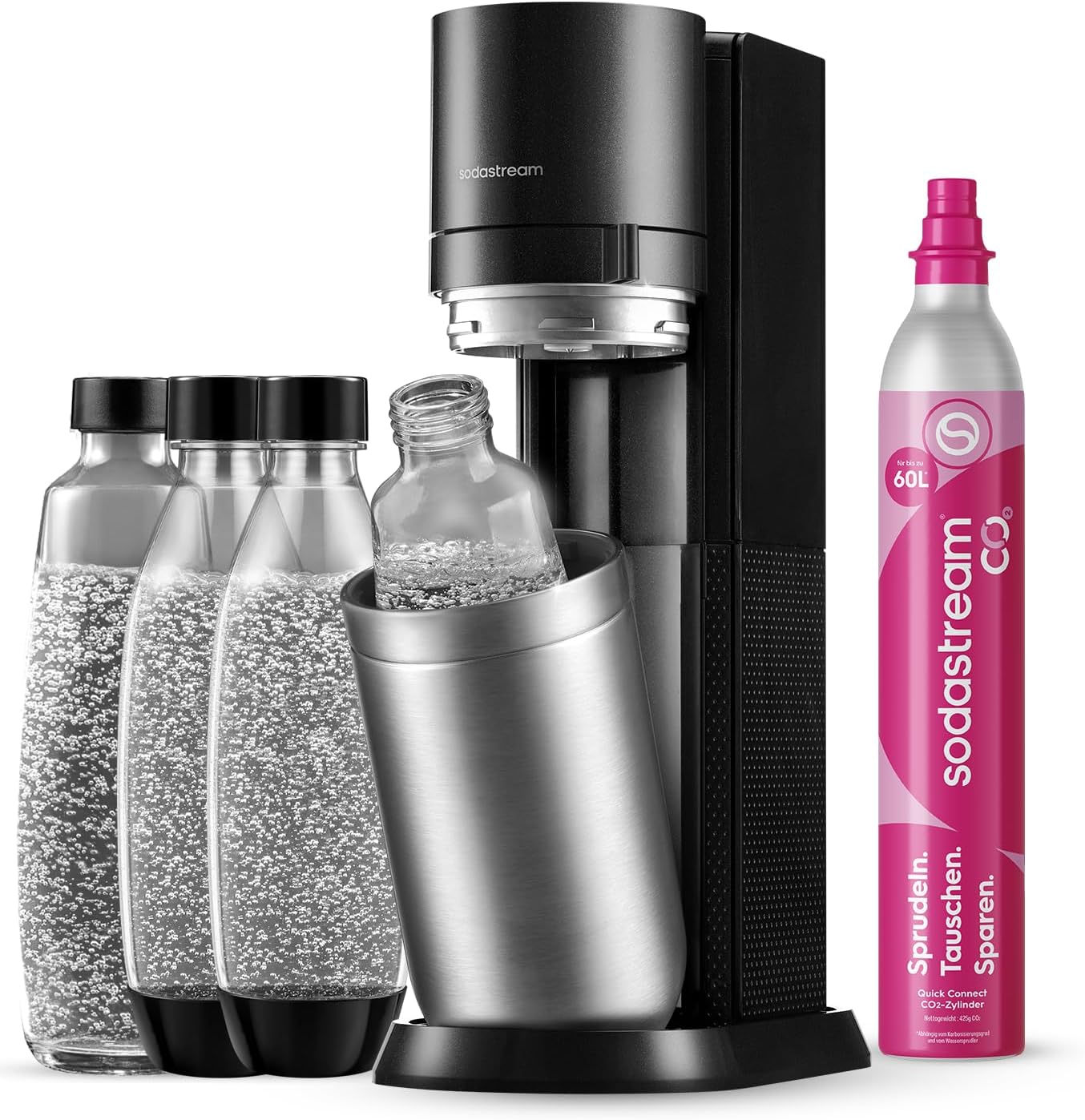 SodaStream Wassersprudler DUO mit Quick-Connect CO2-Zylinder | inkl. 2x 1L Glasflasche und 2x 1L FUSE Kunststoffflasche (spülmaschinengeeignet) |Farbe: Titan