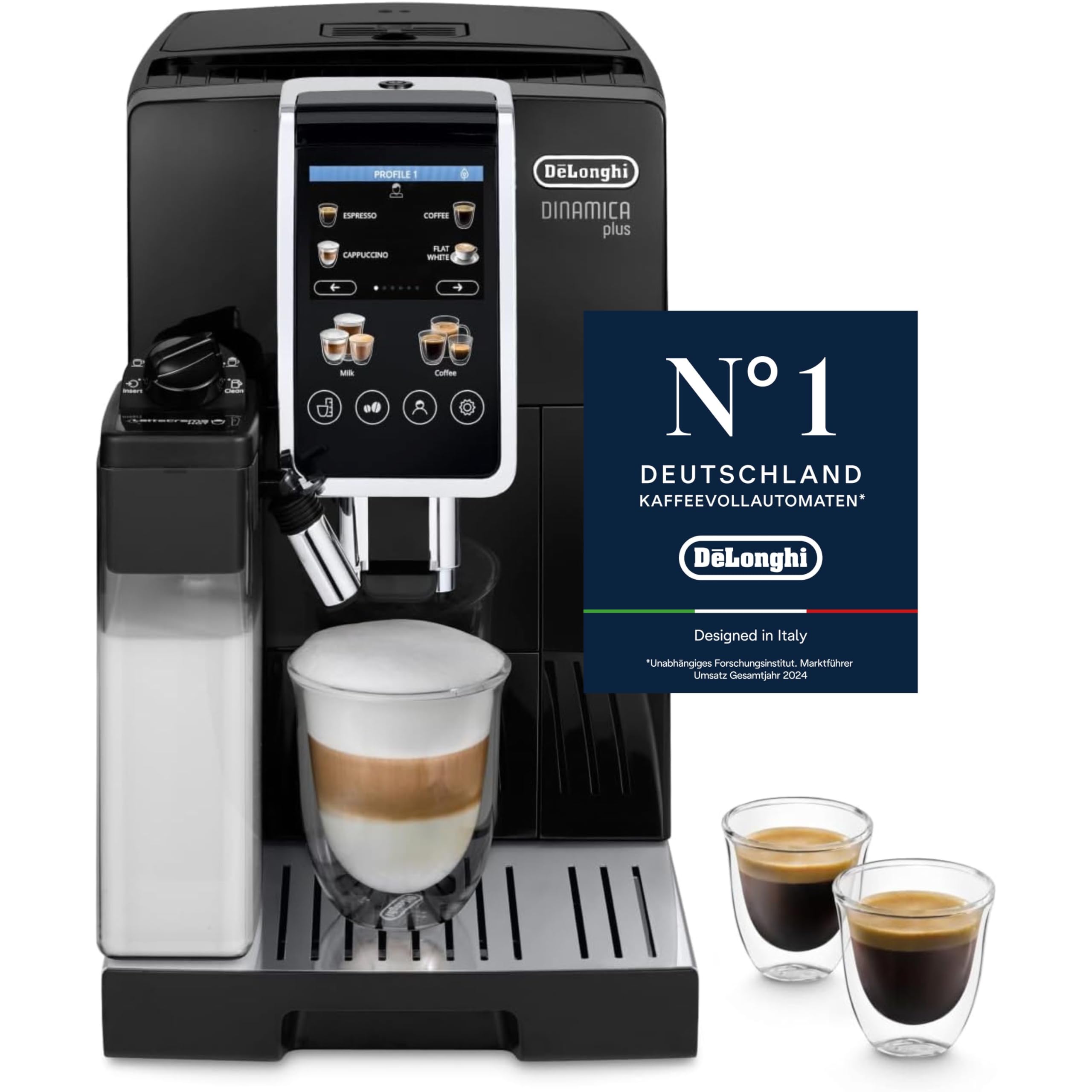 De'Longhi Dinamica Plus ECAM380.95.TB, Kaffeevollautomat mit LatteCrema Milchsystem, One-Touch-Cappuccino, mit 24 Rezepten, 3,5-Zoll TFT-Farbdisplay, 1450W, Titan/Schwarz