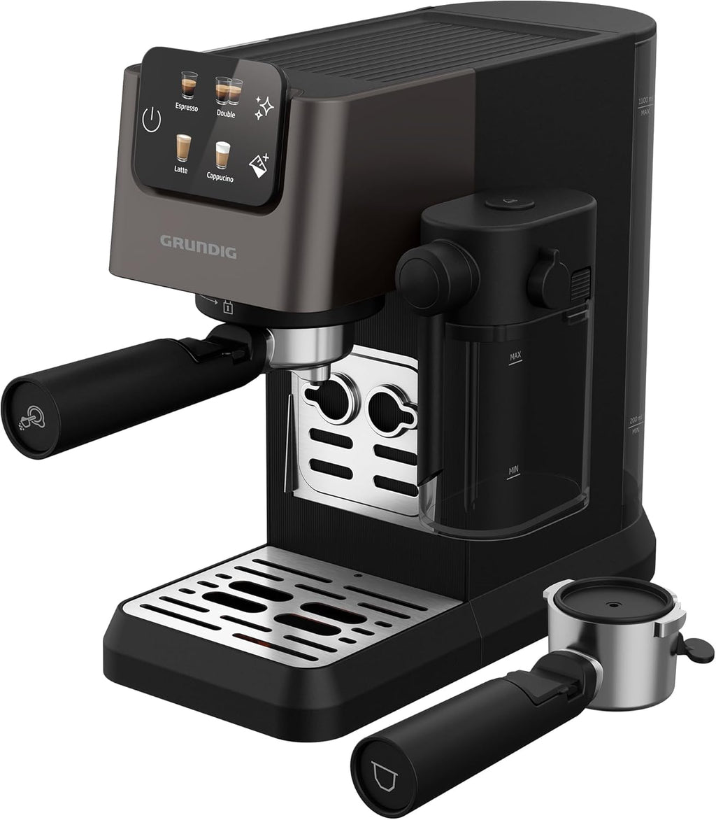 Grundig KSM 6430 Siebträgermaschine mit integriertem Milchbehälter, 1628 W Leistung, 20 bar Pumpendruck, Zweifachdüse, farbiges Touch-Display, BrewSense, CreamyPro, Dark Inox/Schwarz