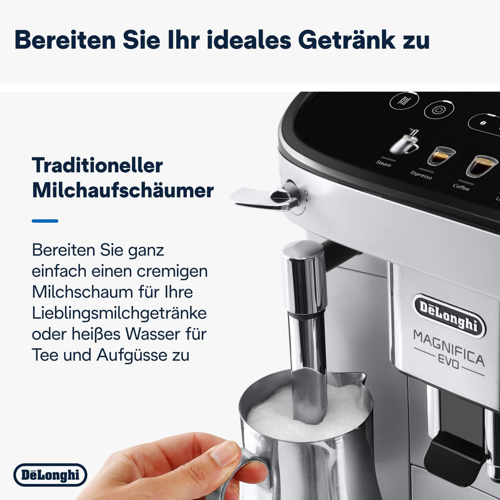De’Longhi Magnifica Evo - Perfetto Kaffeevollautomat mit klassischem Milchaufschäumer, 4 One-Touch-Getränke, Cappuccino, Espresso Kaffeemaschine, Soft-Touch-Bedienfeld, Silber (ECAM292.33.SB)