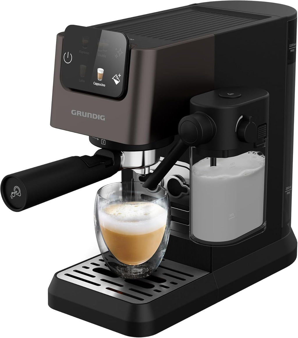 Grundig KSM 6430 Siebträgermaschine mit integriertem Milchbehälter, 1628 W Leistung, 20 bar Pumpendruck, Zweifachdüse, farbiges Touch-Display, BrewSense, CreamyPro, Dark Inox/Schwarz