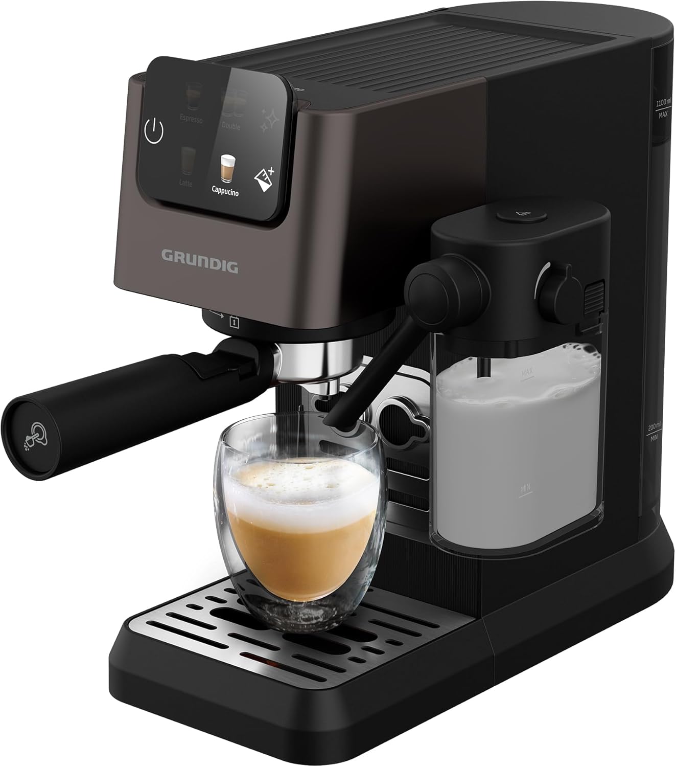 Grundig KSM 6430 Siebträgermaschine mit integriertem Milchbehälter, 1628 W Leistung, 20 bar Pumpendruck, Zweifachdüse, farbiges Touch-Display, BrewSense, CreamyPro, Dark Inox/Schwarz