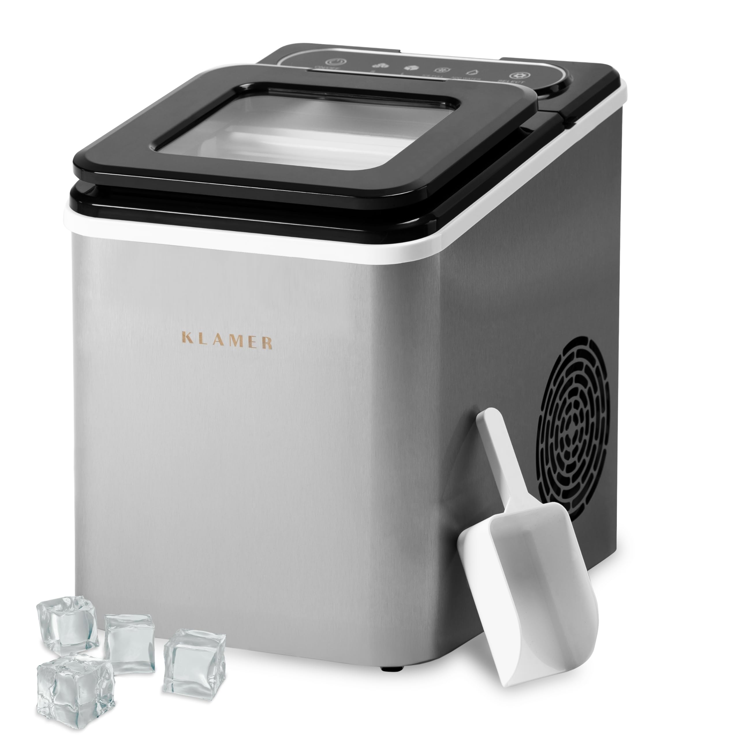 KLAMER Eiswürfelmaschine klein mit Eisschaufel & 2 Eiswürfelgrößen - 10 Eiswürfel in nur 7 Min, 15 kg Eiswürfel pro Tag - leiser Ice Maker mit Timer (schwarz)