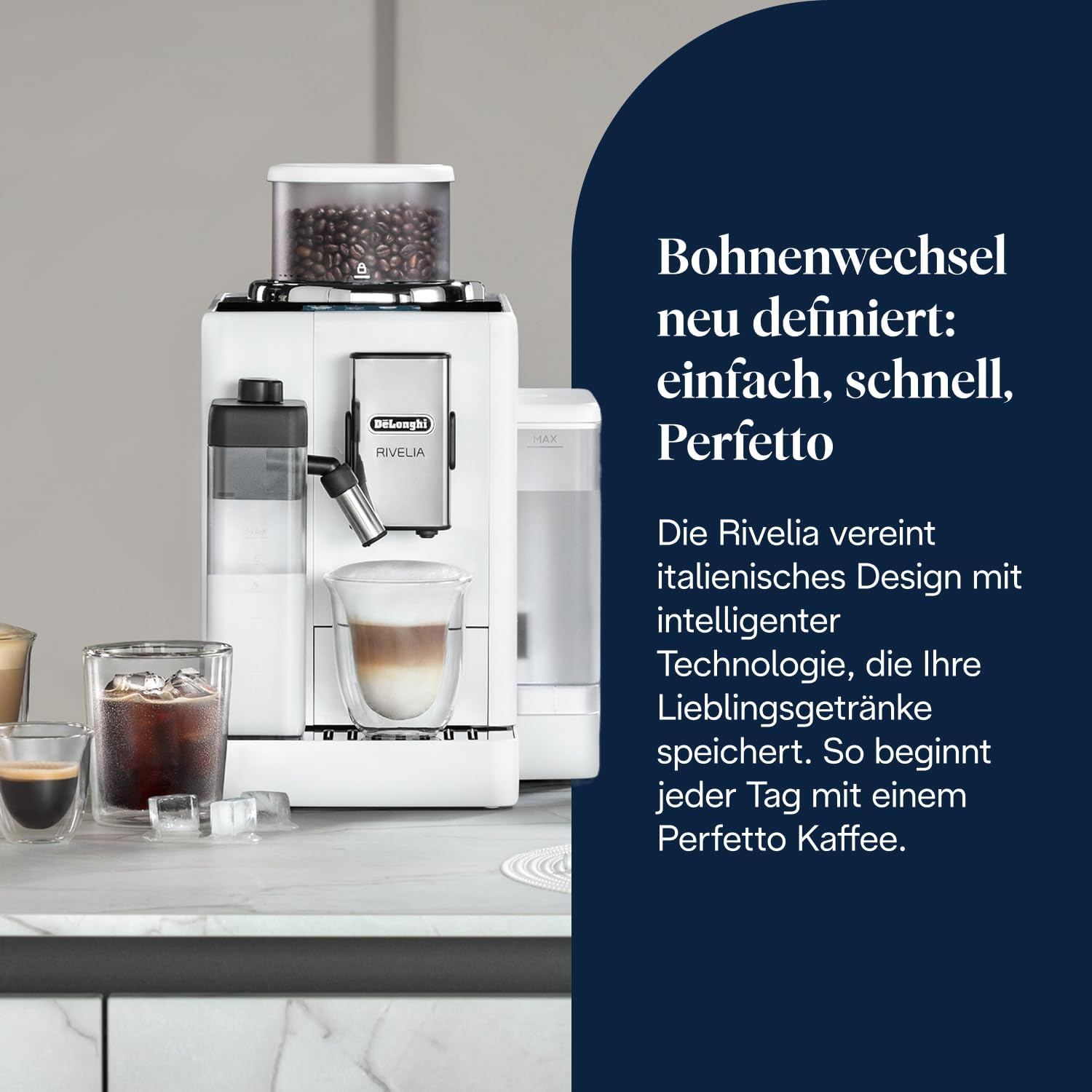 De'Longhi Rivelia EXAM440.55.W Kaffeevollautomat, perfekter Milchschaum, wechselbarer Bohnenbehälter, 16 Kaffee- & Milchgetränke auf Knopfdruck, Extra-Shot-Funktion, 3,5" Touch-Display, Weiß