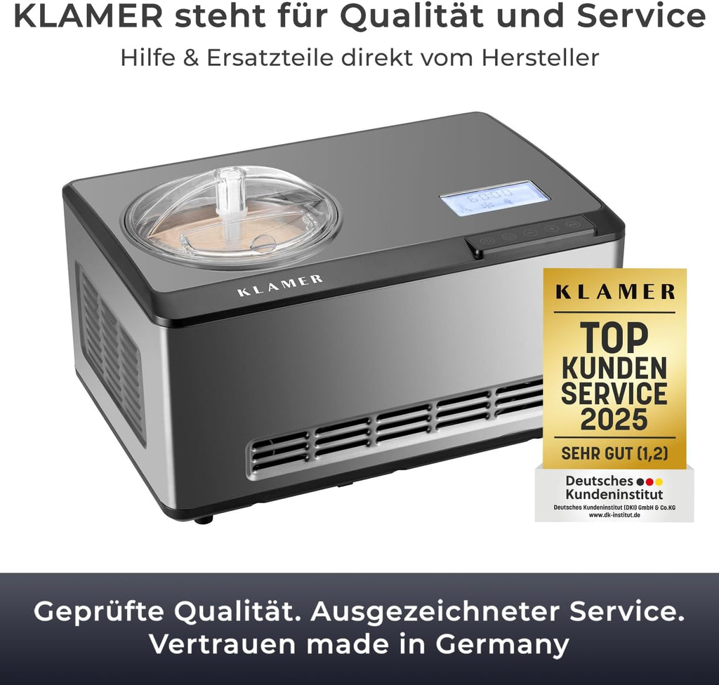 KLAMER 2-in-1 Eismaschine & Joghurtbereiter 2 L, 180 W Eiscrememaschine aus Edelstahl mit Kühl- und Heizfunktion, hausgemachtes Speiseeis mit selbstkühlendem Kompressor, mit digitalem Rezeptbuch