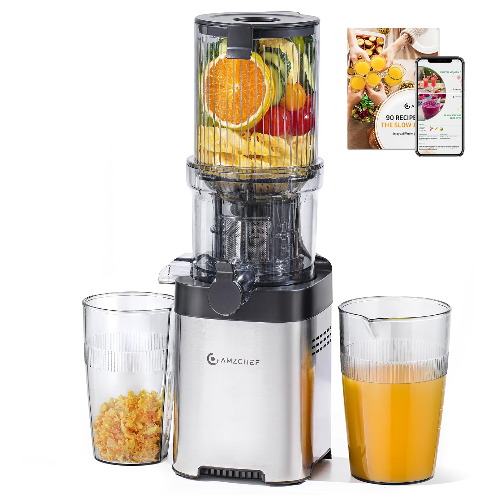 AMZCHEF Entsafter Slow Juicer 136 mm – Saftpresse Elektrisch für Gemüse & Obst – Cold Press Juicer mit 2 Filtern – Leise & Leicht zu Reinigen - Silber