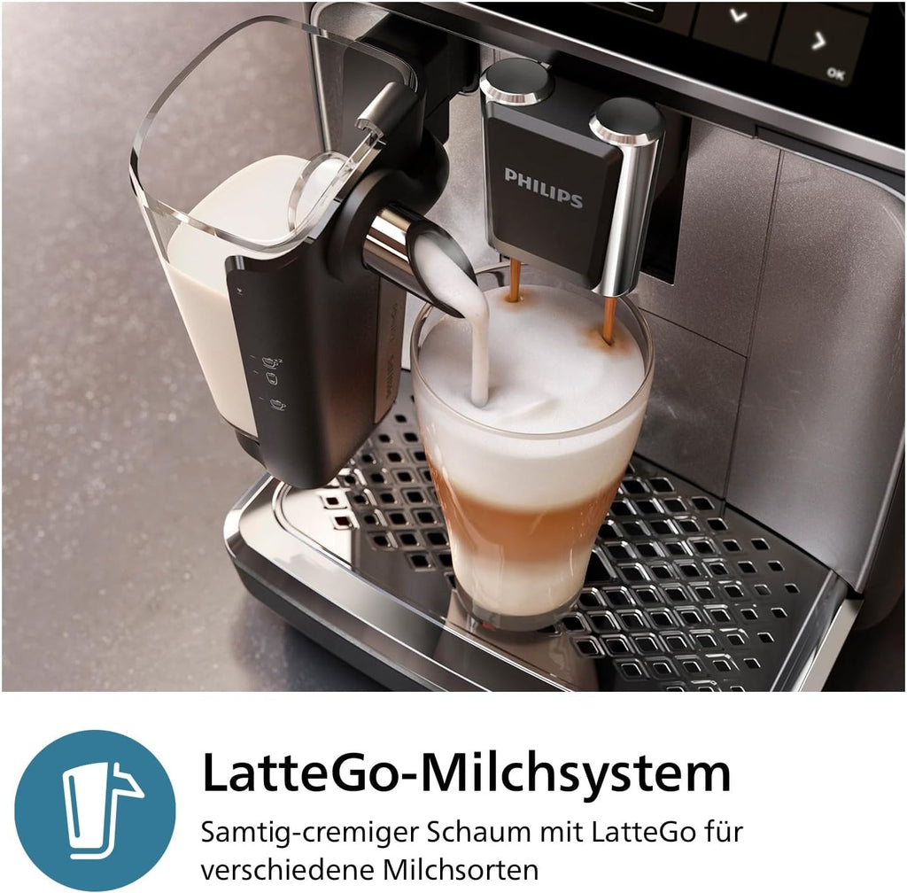 Philips 3300 Series Kaffeevollautomat - 6 Getränke, Modernes Farb-Touchscreen-Display, LatteGo-Milchsystem, SilentBrew, 100% Keramikmahlwerk, AquaClean Filter, Schwarzchrom (EP3347/90)