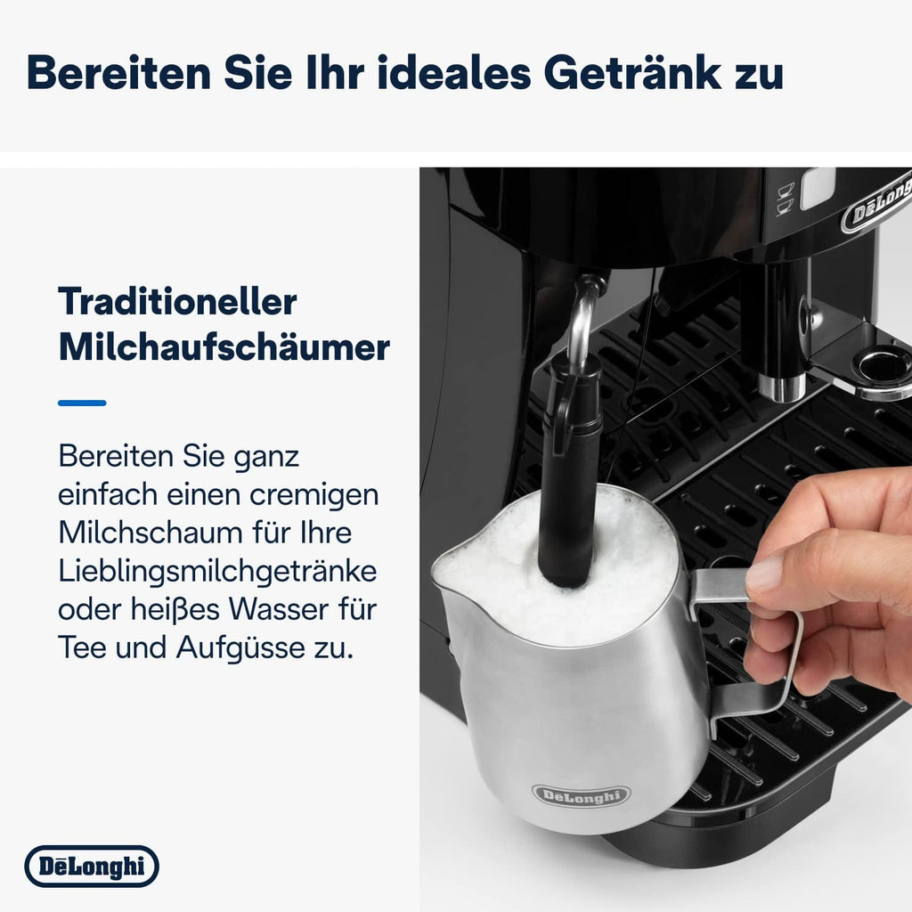 De’Longhi Magnifica S - Perfetto Kaffeevollautomat mit klassischem Milchaufschäumer, Espresso- und Cappuccino Kaffeemaschine, Bedienfeld mit Tasten, Schwarz (ECAM11.112.B)