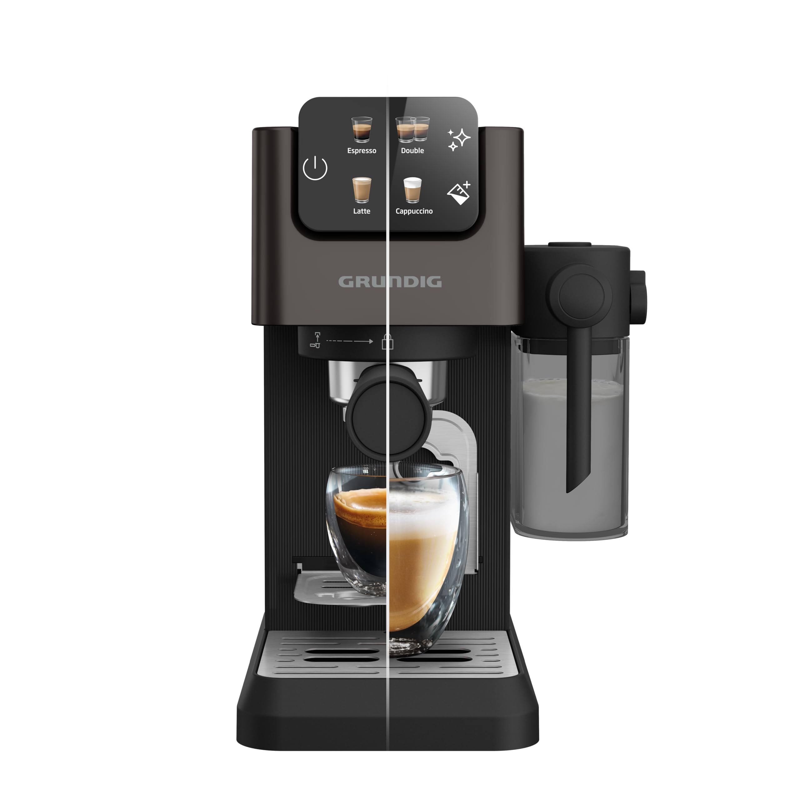 Grundig KSM 6430 Siebträgermaschine mit integriertem Milchbehälter, 1628 W Leistung, 20 bar Pumpendruck, Zweifachdüse, farbiges Touch-Display, BrewSense, CreamyPro, Dark Inox/Schwarz