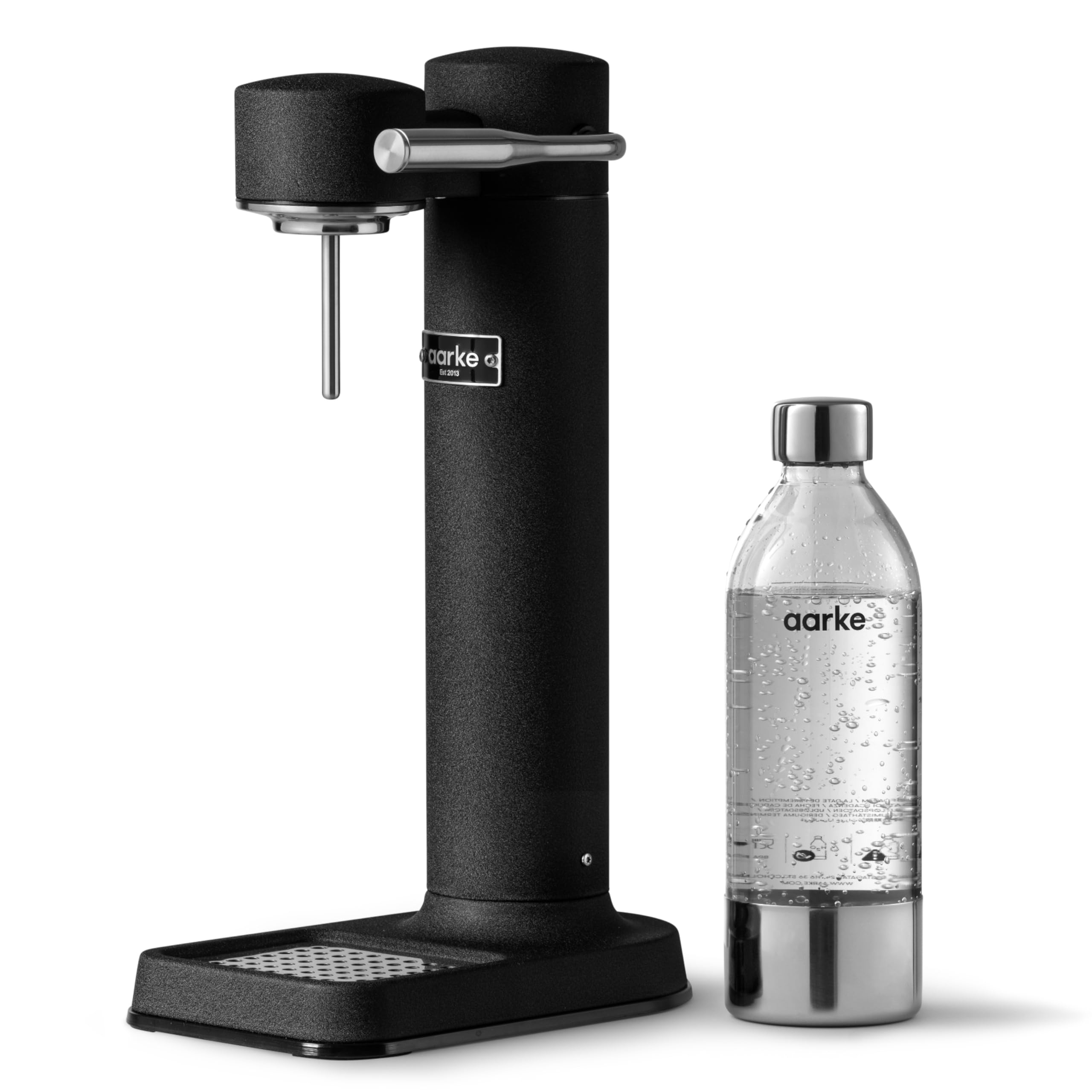 Aarke Carbonator 3, Wassersprudler aus Edelstahl im modernen Edelstahl Finish mit BPA-freier 1L PET-Flasche, Sprudelwasserbereiter für Leitungswasser, kompatibel mit 60L CO2-Zylindern