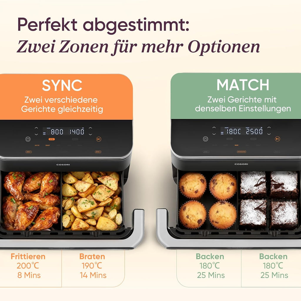 COSORI Heißluftfritteuse 2 Kammern, Dual Blaze TwinFry 10L Airfryer, mit 4 Heizrohren und flexiblen Kammern, gleichmäßige Hitzeverteilung, Temperatur bis 240 Grad C, Schwarz, TF102S