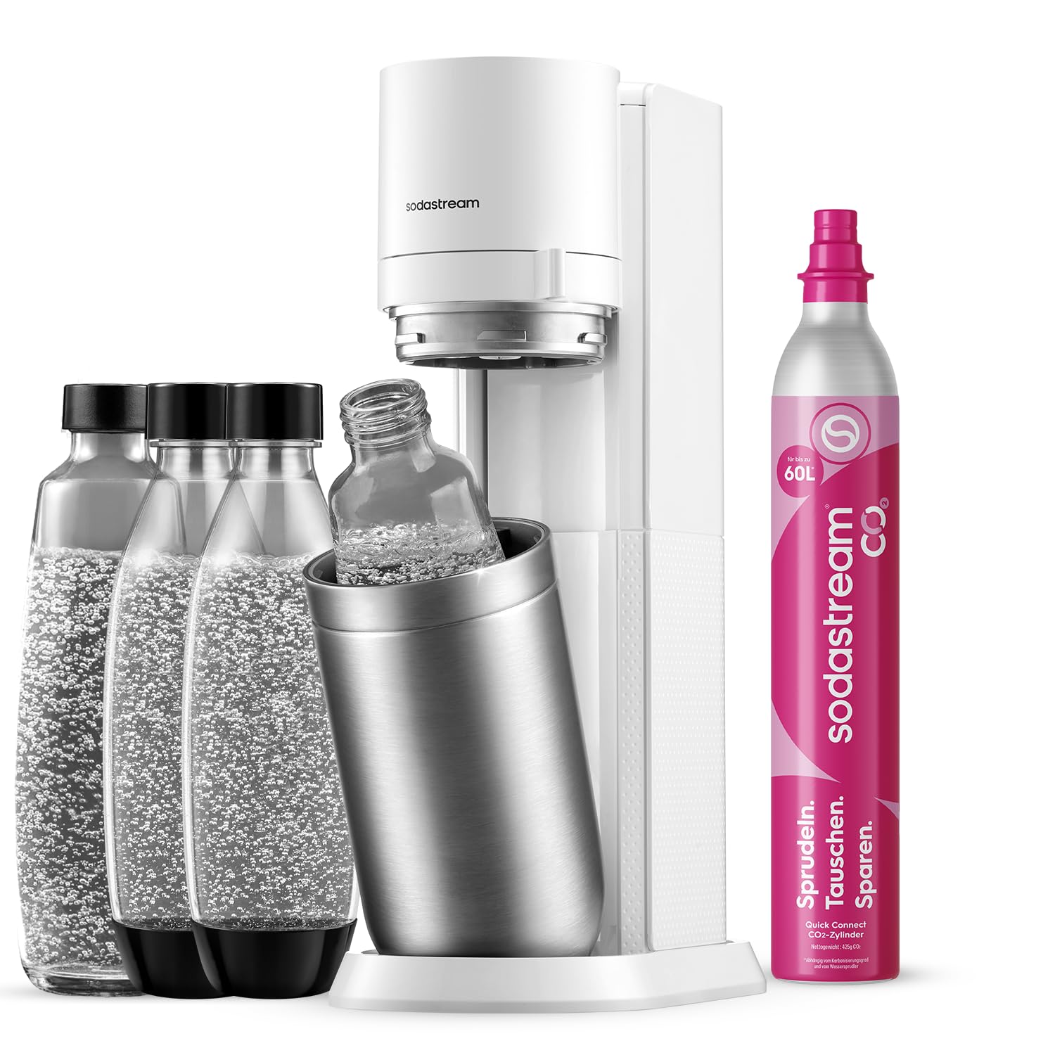 SodaStream Wassersprudler DUO mit Quick-Connect CO2-Zylinder | inkl. 2x 1L Glasflasche und 2x 1L FUSE Kunststoffflasche (spülmaschinengeeignet) |Farbe: Titan