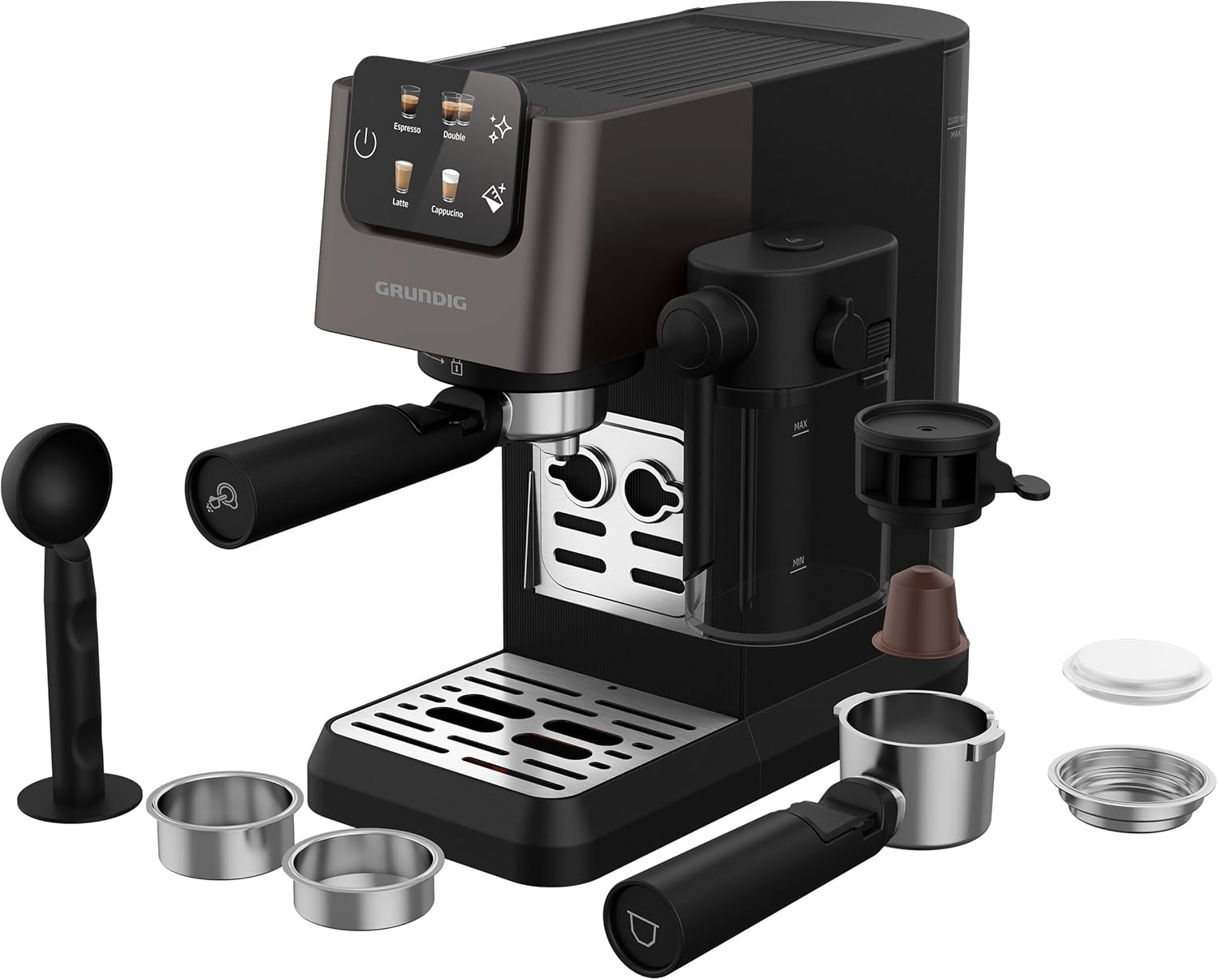 Grundig KSM 6430 Siebträgermaschine mit integriertem Milchbehälter, 1628 W Leistung, 20 bar Pumpendruck, Zweifachdüse, farbiges Touch-Display, BrewSense, CreamyPro, Dark Inox/Schwarz