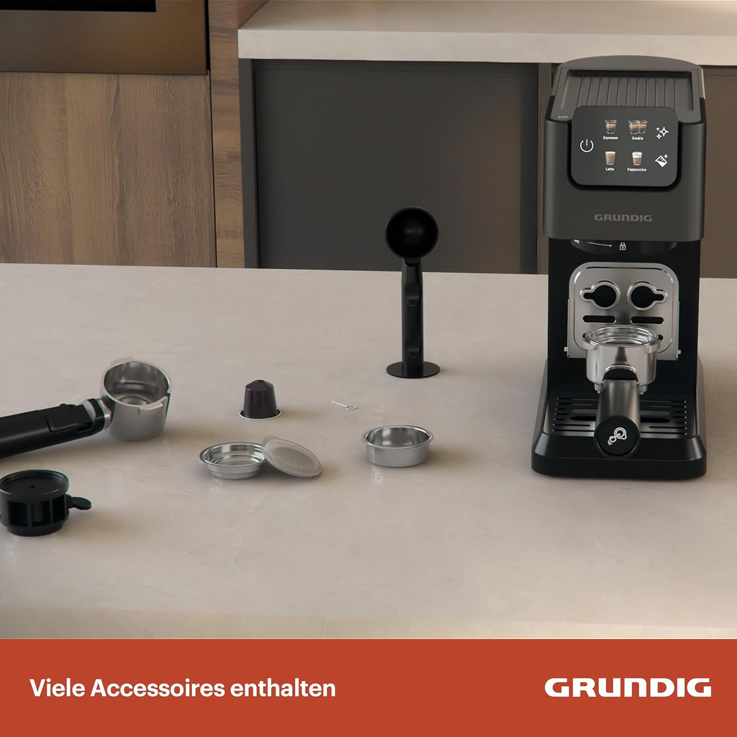 Grundig KSM 6430 Siebträgermaschine mit integriertem Milchbehälter, 1628 W Leistung, 20 bar Pumpendruck, Zweifachdüse, farbiges Touch-Display, BrewSense, CreamyPro, Dark Inox/Schwarz