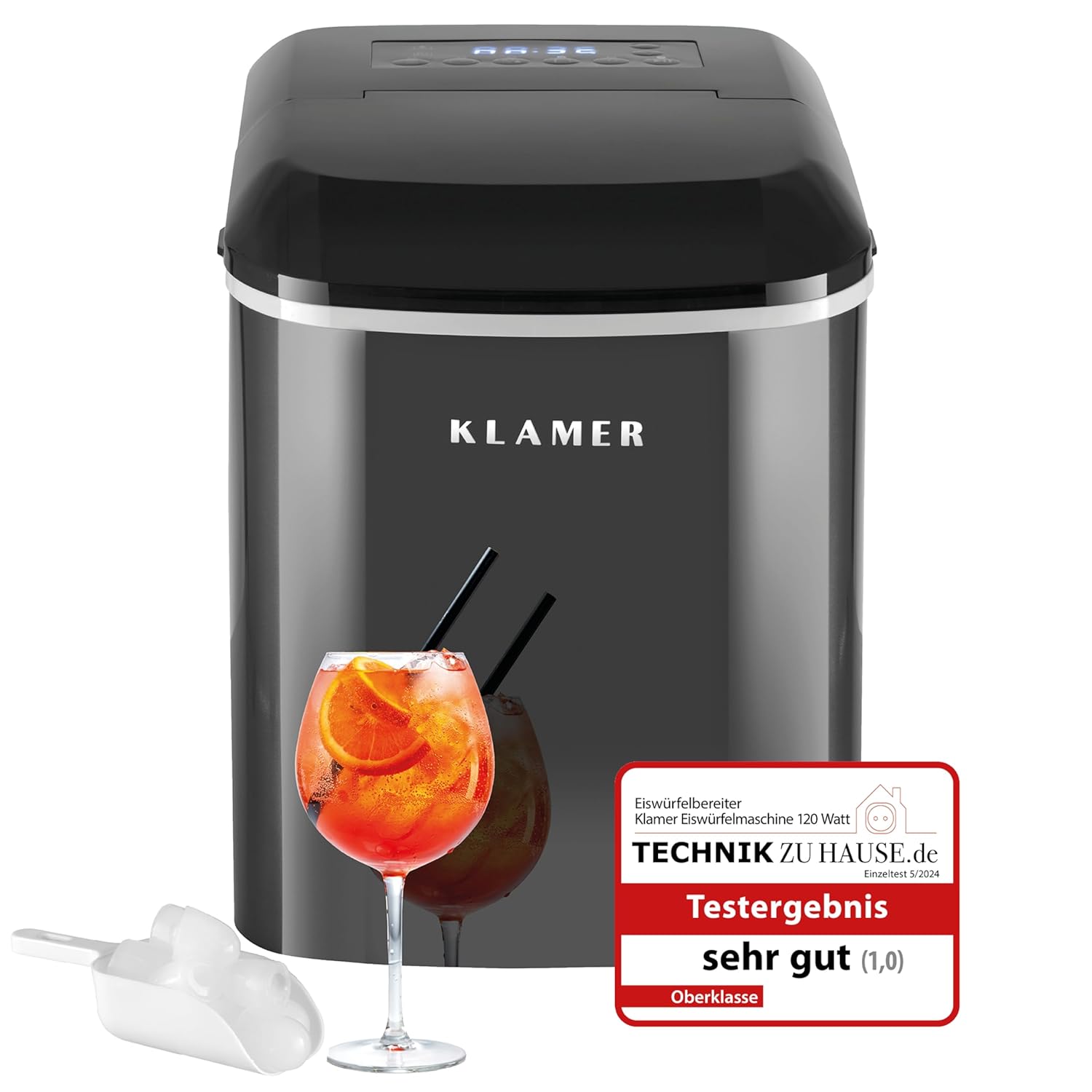 KLAMER Eiswürfelmaschine klein mit Eisschaufel & 2 Eiswürfelgrößen - 10 Eiswürfel in nur 7 Min, 15 kg Eiswürfel pro Tag - leiser Ice Maker mit Timer (schwarz)