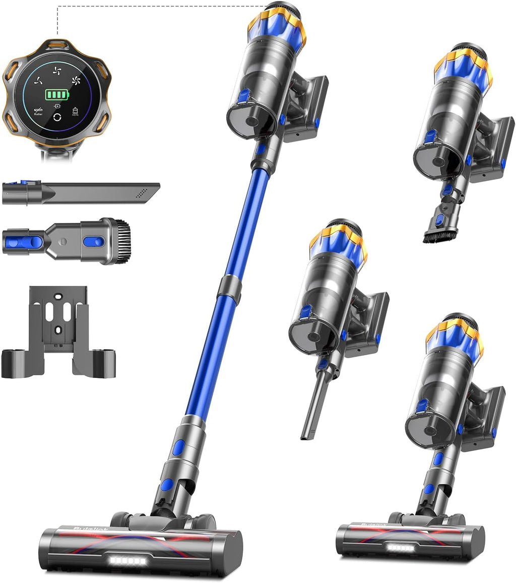 Akku Staubsauger 45000Pa/550W/65Min, 1,6L Staubsauger Kabellos mit Display, Anti-Tangle-Bürste, Selbststehend, Wandladestation, 8-Schicht-Filtration, Ultraleise, für Tierhaare/Teppiche/Hartböden/Auto