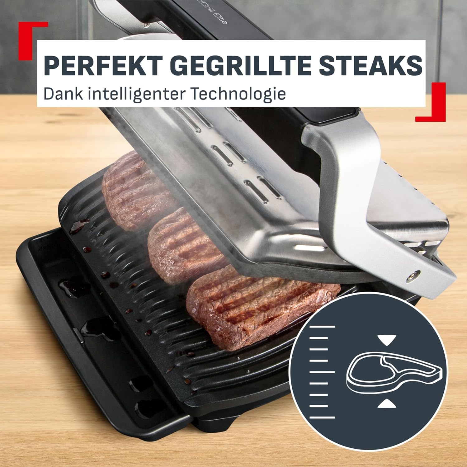 Tefal OptiGrill Elite XL Kontaktgrill, 16 Programme, Digitales Display mit Garstufenanzeige, abnehmbare XL-Platten, Grillboost-Funktion, intuitive Bedienung, Elektrogrill, Edelstahl, GC760D12