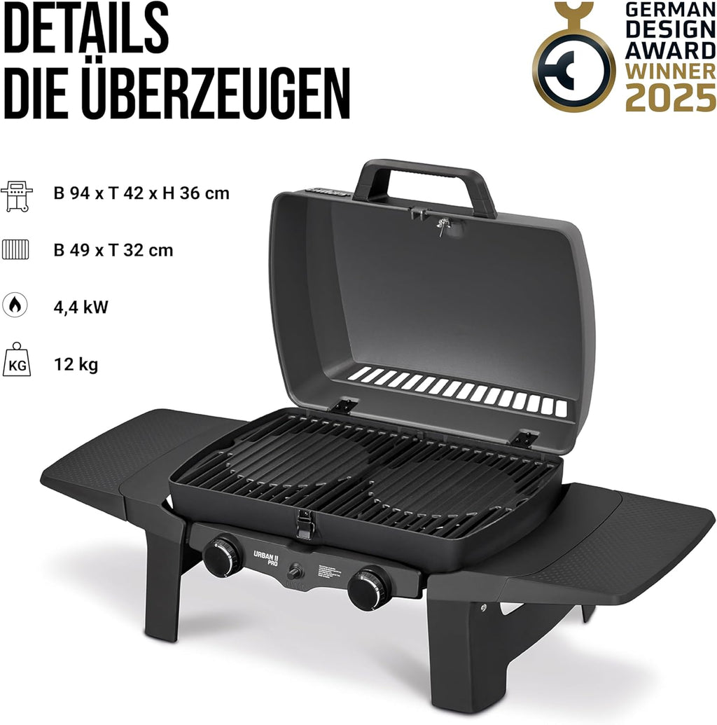 Enders® Gasgrill Urban II Pro, Tischgrill, Grillen-, Kochen- und Backen Funktion, 2 Brenner Edelstahl, mit Grill-Thermometer, Balkon-, Camping-Grill, Aluguss-Gehäuse, Gusseisen-Rost, #2062
