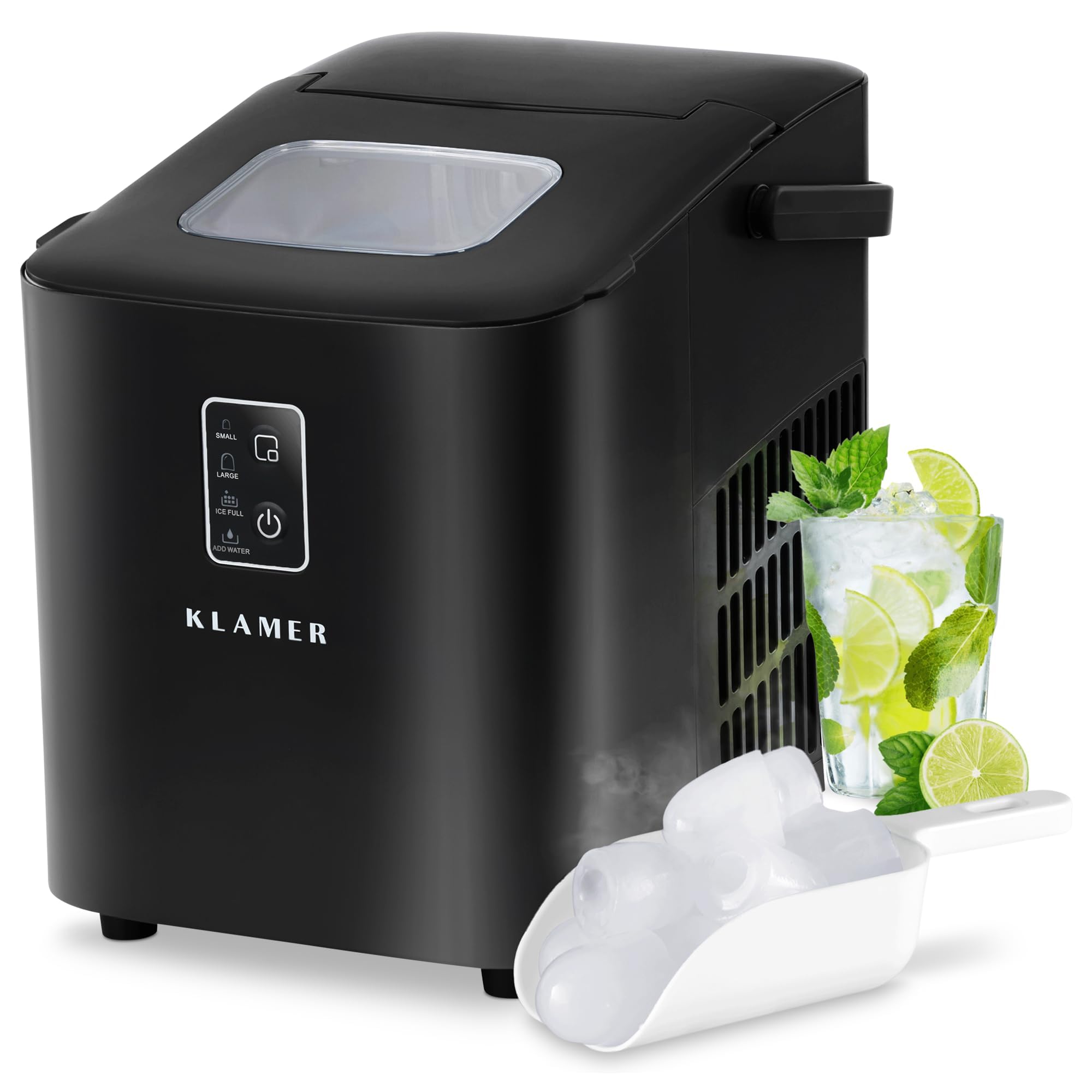 KLAMER Eiswürfelmaschine klein mit Eisschaufel & 2 Eiswürfelgrößen - 10 Eiswürfel in nur 7 Min, 15 kg Eiswürfel pro Tag - leiser Ice Maker mit Timer (schwarz)