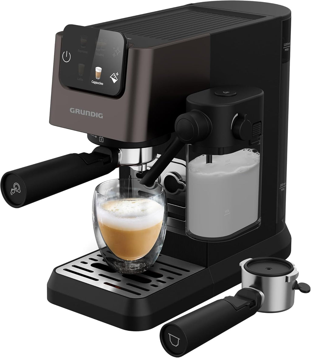 Grundig KSM 6430 Siebträgermaschine mit integriertem Milchbehälter, 1628 W Leistung, 20 bar Pumpendruck, Zweifachdüse, farbiges Touch-Display, BrewSense, CreamyPro, Dark Inox/Schwarz