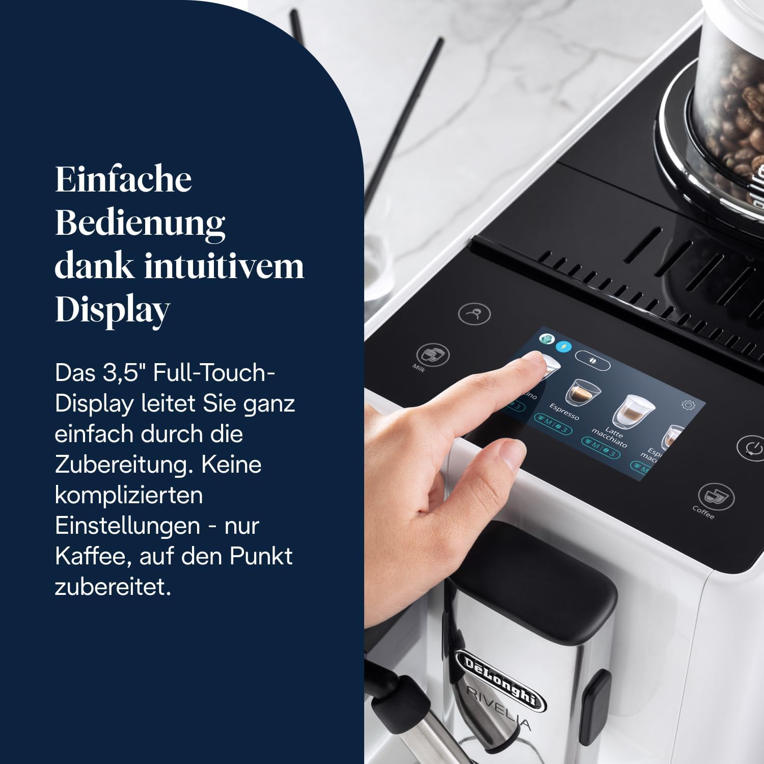 De'Longhi Rivelia EXAM440.55.W Kaffeevollautomat, perfekter Milchschaum, wechselbarer Bohnenbehälter, 16 Kaffee- & Milchgetränke auf Knopfdruck, Extra-Shot-Funktion, 3,5" Touch-Display, Weiß