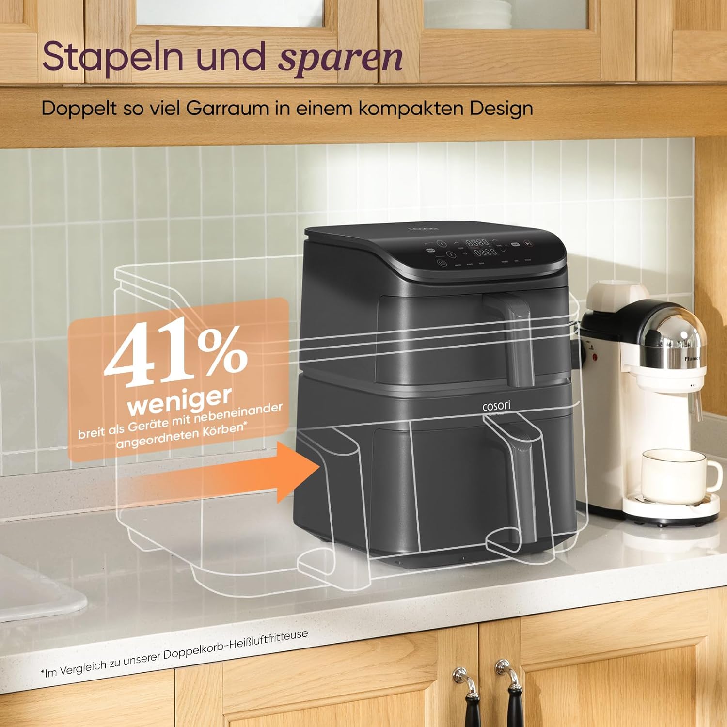 COSORI Airfryer, Heißluftfritteuse 2 Kammern, 10,8 L Heissluftfritteuse, Innovative Mehrfach-Luftgeschwindigkeit, Spart 41 Prozent Platz, Inklusive Rezeptbuch und Edelstahl-Rost, Silbergrau