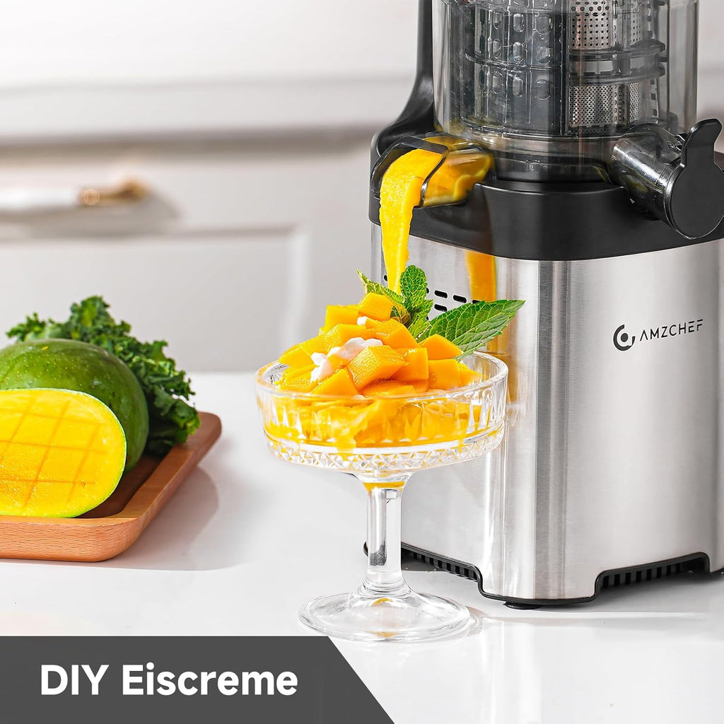 AMZCHEF Entsafter Slow Juicer 136 mm – Saftpresse Elektrisch für Gemüse & Obst – Cold Press Juicer mit 2 Filtern – Leise & Leicht zu Reinigen - Silber