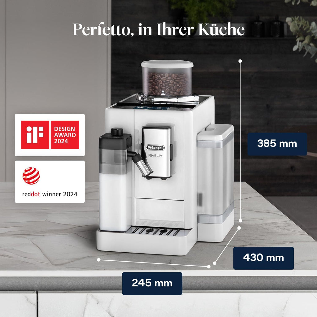 De'Longhi Rivelia EXAM440.55.W Kaffeevollautomat, perfekter Milchschaum, wechselbarer Bohnenbehälter, 16 Kaffee- & Milchgetränke auf Knopfdruck, Extra-Shot-Funktion, 3,5" Touch-Display, Weiß