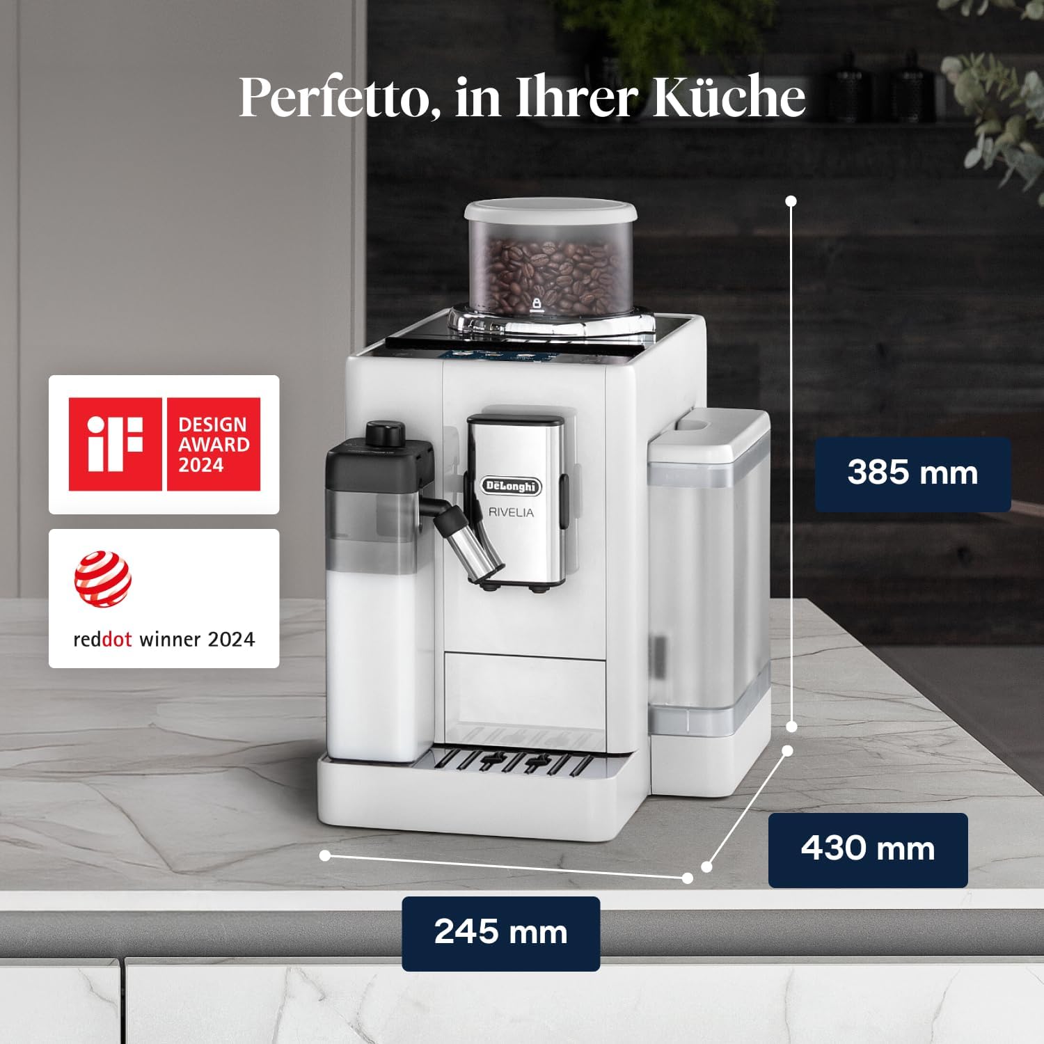 De'Longhi Rivelia EXAM440.55.W Kaffeevollautomat, perfekter Milchschaum, wechselbarer Bohnenbehälter, 16 Kaffee- & Milchgetränke auf Knopfdruck, Extra-Shot-Funktion, 3,5" Touch-Display, Weiß
