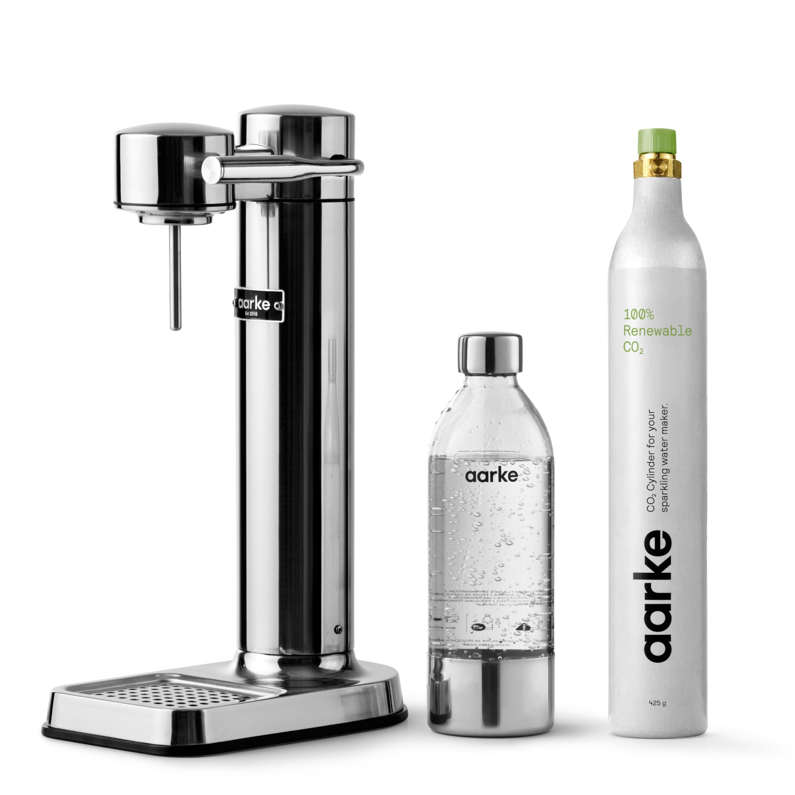 Aarke Carbonator 3, Wassersprudler aus Edelstahl im modernen Edelstahl Finish mit BPA-freier 1L PET-Flasche, Sprudelwasserbereiter für Leitungswasser, kompatibel mit 60L CO2-Zylindern