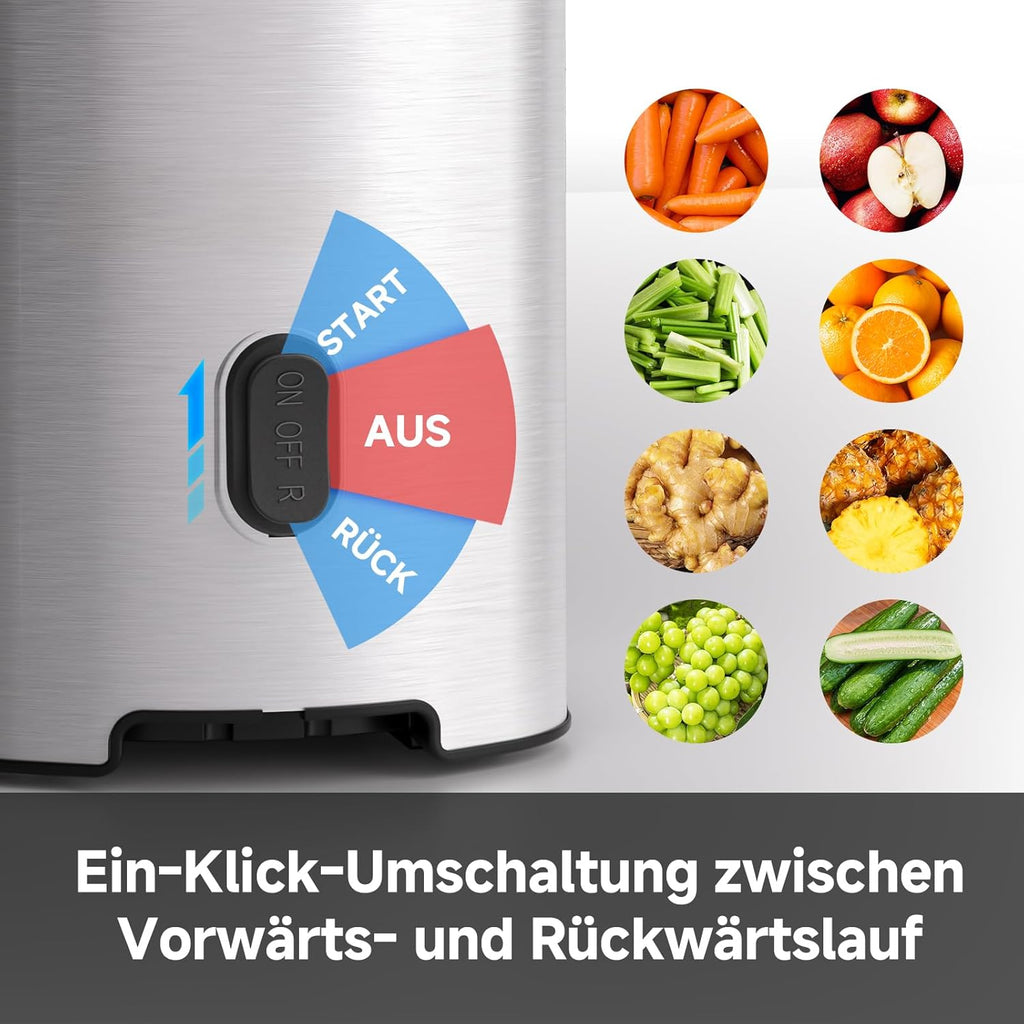 AMZCHEF Entsafter Slow Juicer 136 mm – Saftpresse Elektrisch für Gemüse & Obst – Cold Press Juicer mit 2 Filtern – Leise & Leicht zu Reinigen - Silber