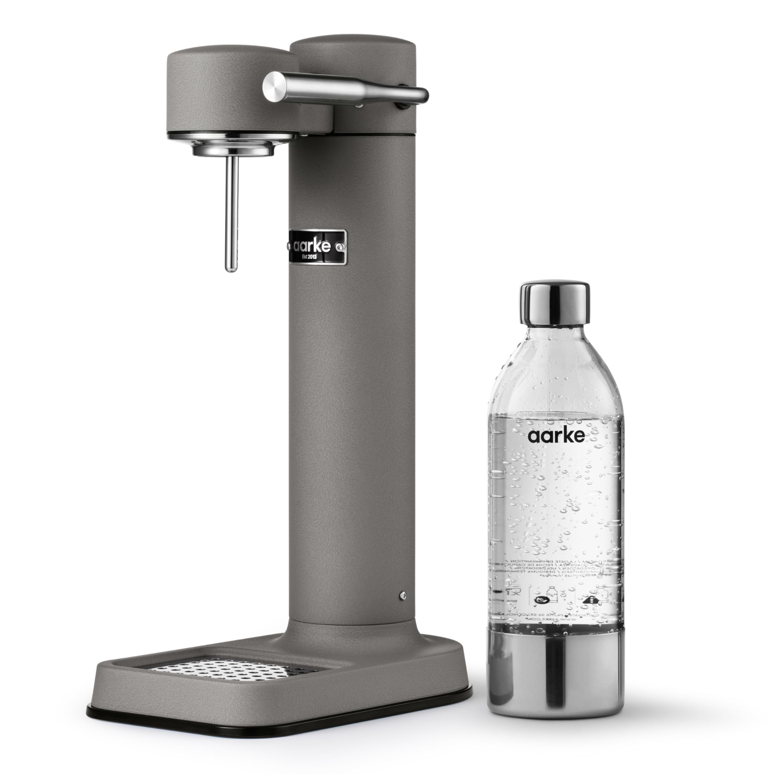 Aarke Carbonator 3, Wassersprudler aus Edelstahl im modernen Edelstahl Finish mit BPA-freier 1L PET-Flasche, Sprudelwasserbereiter für Leitungswasser, kompatibel mit 60L CO2-Zylindern