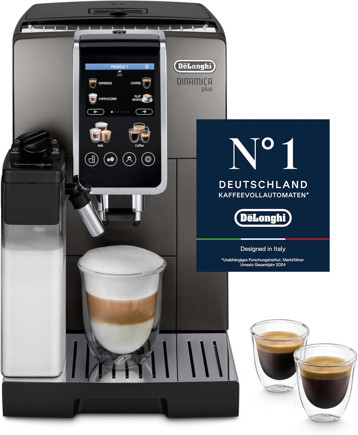 De'Longhi Dinamica Plus ECAM380.95.TB, Kaffeevollautomat mit LatteCrema Milchsystem, One-Touch-Cappuccino, mit 24 Rezepten, 3,5-Zoll TFT-Farbdisplay, 1450W, Titan/Schwarz