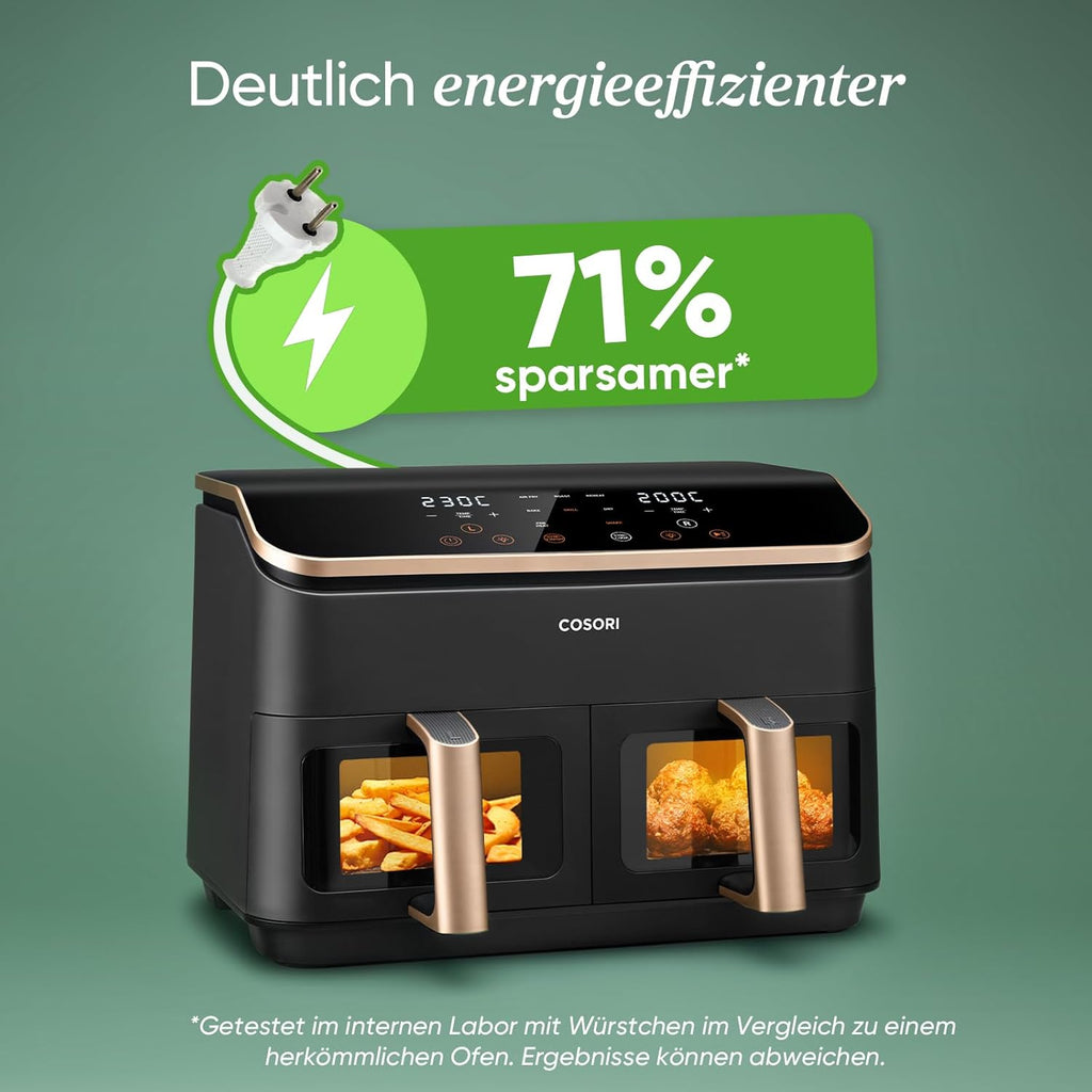 Cosori Airfryer | Testsieger der Stiftung Warentest | 8,5L Heißluftfritteuse 2 Kammern | Heissluftfritteuse mit Sichtfenster | NTC-Tech für präzise Temperaturkontrolle | Gold | R903