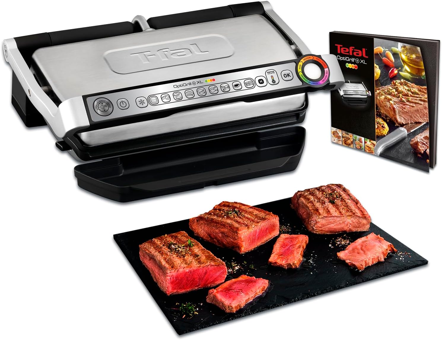 Tefal OptiGrill+ XL Kontaktgrill, 9 Programme, manueller Modus, 200 W, Garstufenanzeige, Dickemessung, Abnehmbare XL-Platten, Elektrogrill, Edelstahl, GC722D16