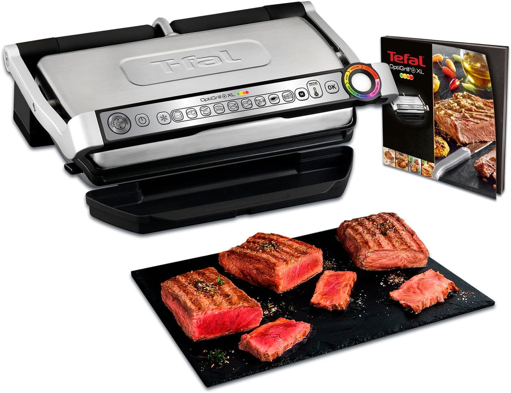 Tefal OptiGrill+ XL Kontaktgrill, 9 Programme, manueller Modus, 200 W, Garstufenanzeige, Dickemessung, Abnehmbare XL-Platten, Elektrogrill, Edelstahl, GC722D16