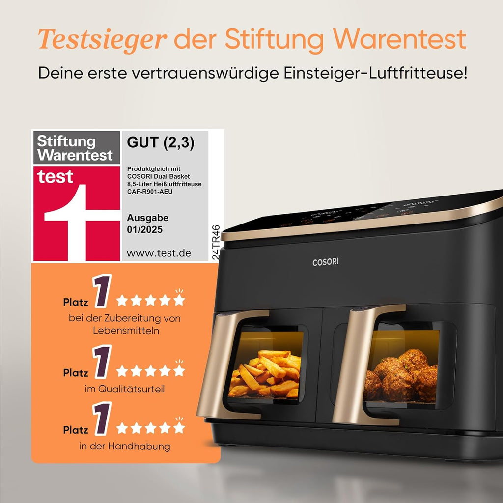 Cosori Airfryer | Testsieger der Stiftung Warentest | 8,5L Heißluftfritteuse 2 Kammern | Heissluftfritteuse mit Sichtfenster | NTC-Tech für präzise Temperaturkontrolle | Gold | R903