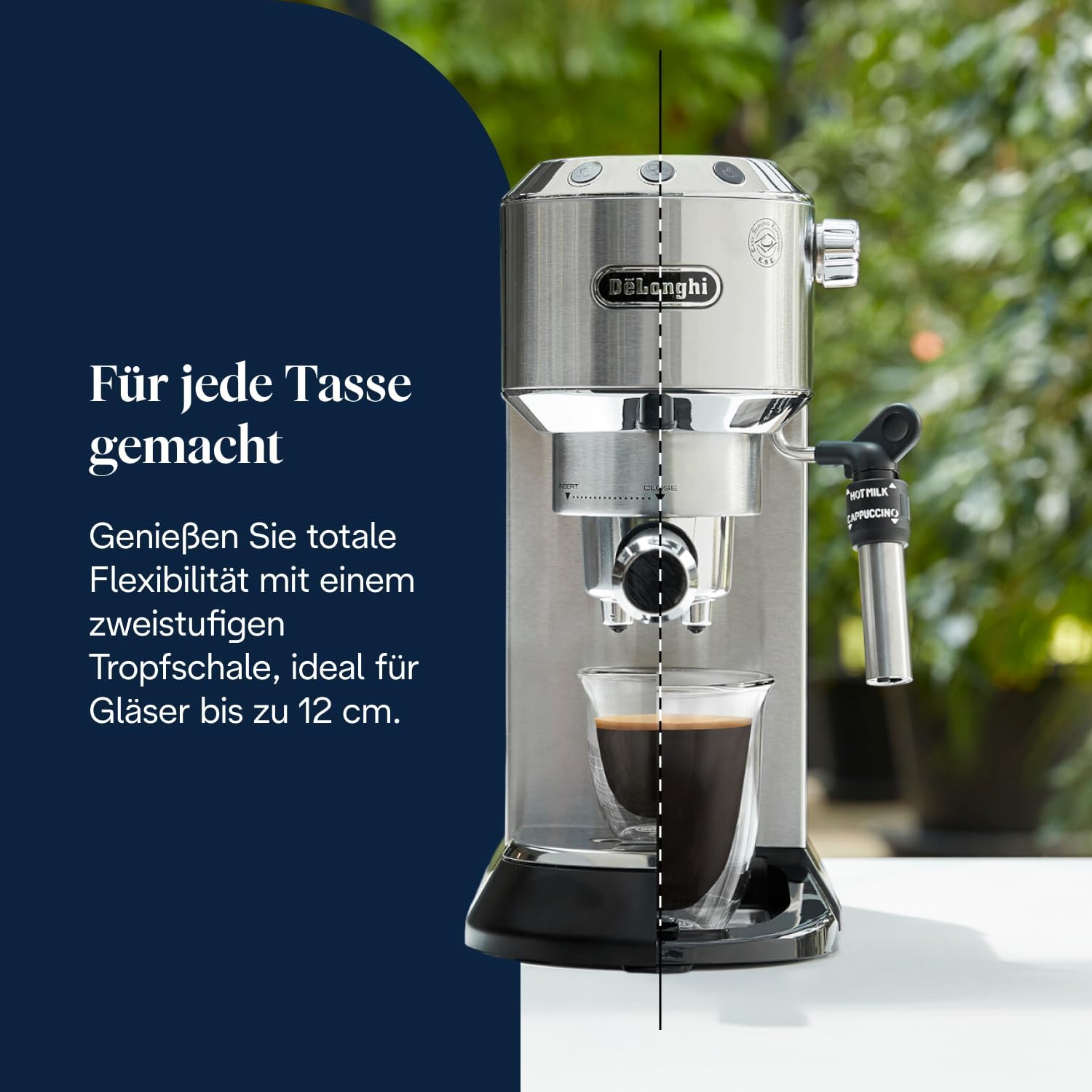 De'Longhi Dedica Style - Perfetto Kompakte Siebträgermaschine Espressomaschine mit Tasten, manuellem Milchaufschäumer für Espresso und Cappuccino, ESE Pad geeignet, 15cm breit, Metall (EC685.M)