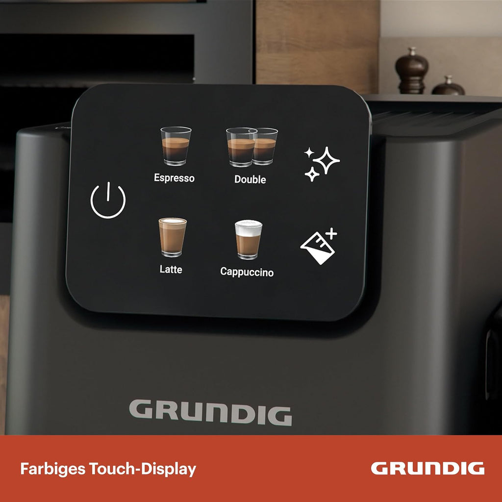 Grundig KSM 6430 Siebträgermaschine mit integriertem Milchbehälter, 1628 W Leistung, 20 bar Pumpendruck, Zweifachdüse, farbiges Touch-Display, BrewSense, CreamyPro, Dark Inox/Schwarz