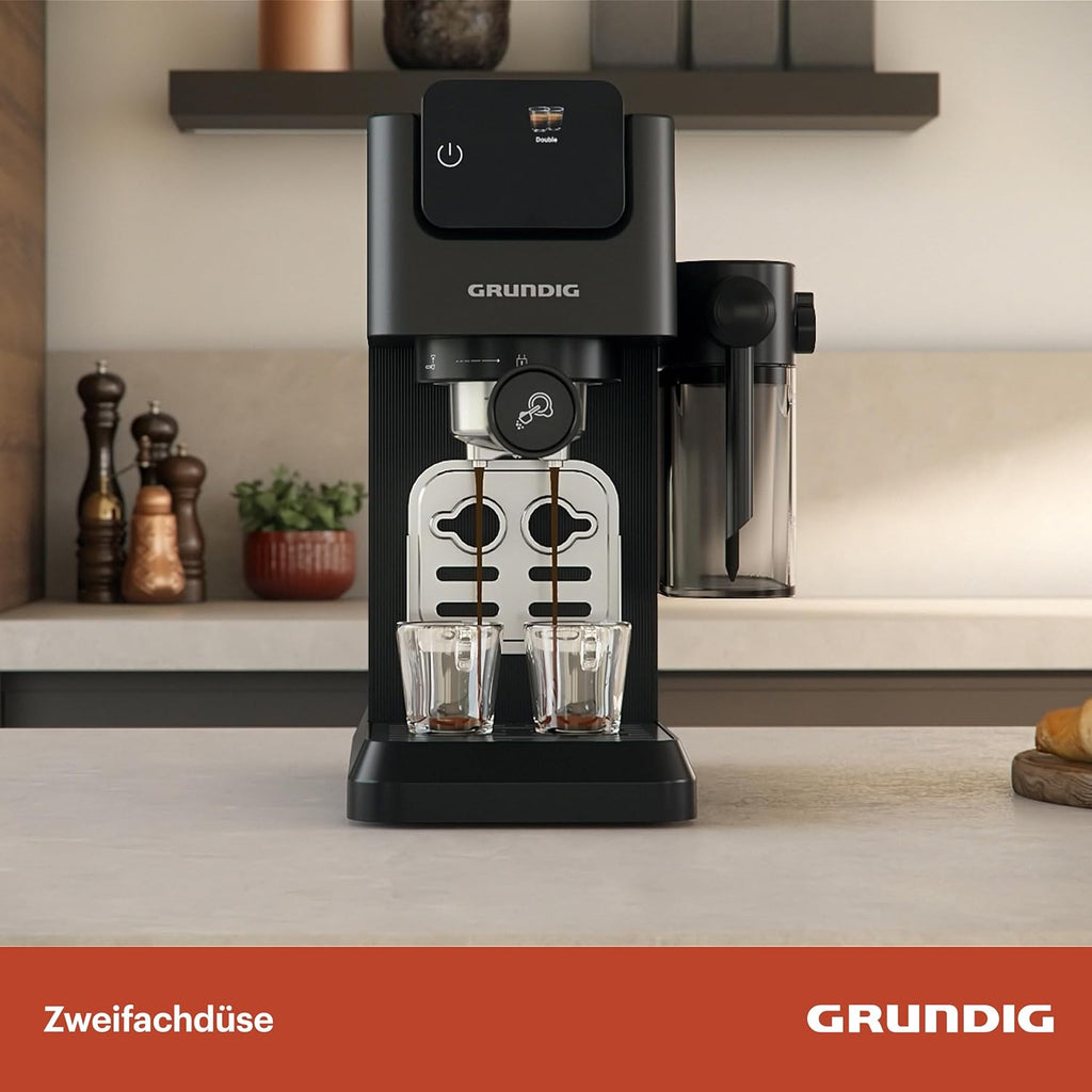Grundig KSM 6430 Siebträgermaschine mit integriertem Milchbehälter, 1628 W Leistung, 20 bar Pumpendruck, Zweifachdüse, farbiges Touch-Display, BrewSense, CreamyPro, Dark Inox/Schwarz