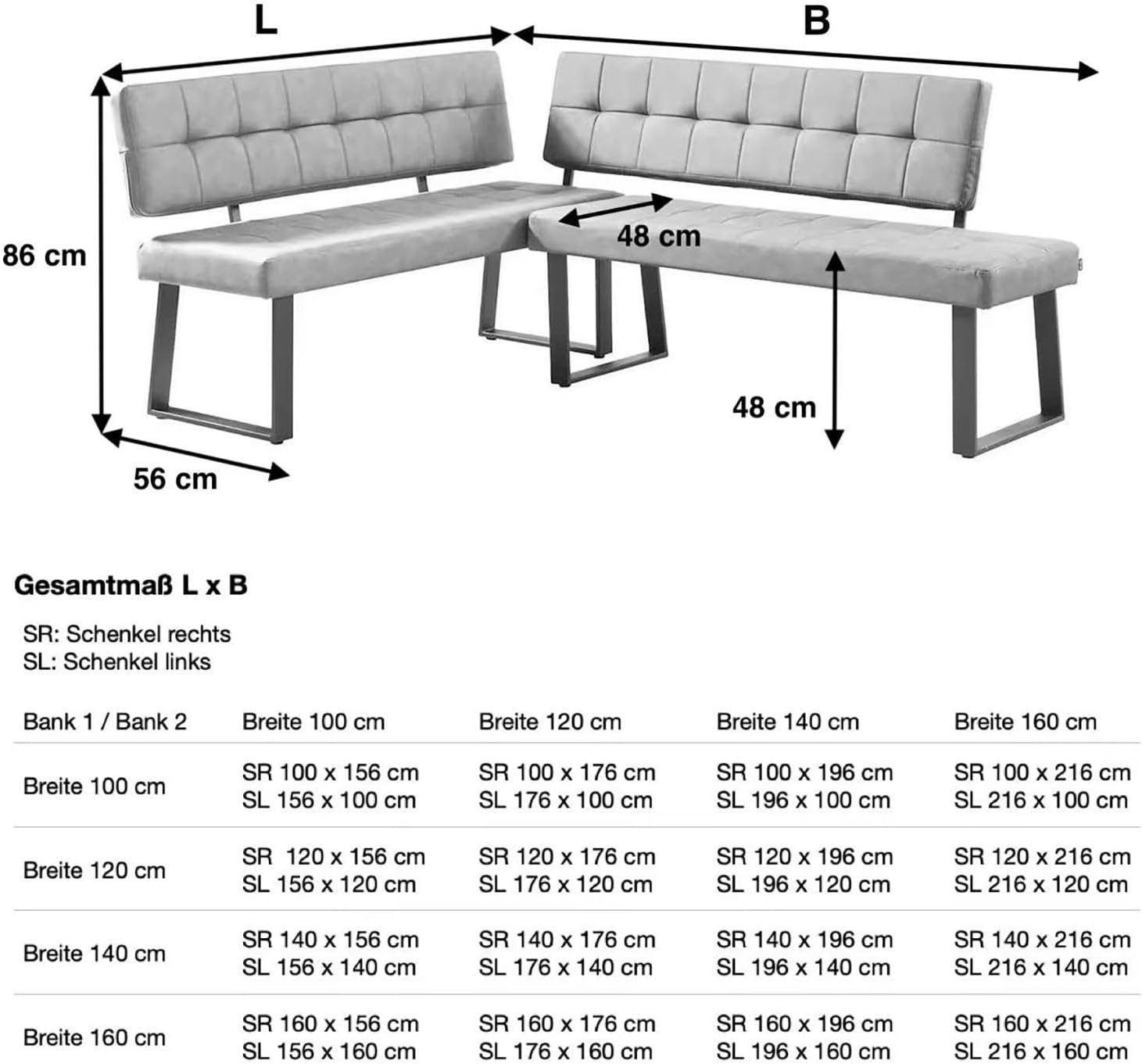 B&D home® Eckbank AKA – Esszimmerbank mit Lehne, beidseitig montierbar (Links/rechts), Kaltschaum-Polsterung, platzsparend, für Esszimmer, Küche & Flur, ca. 176 x 140 cm