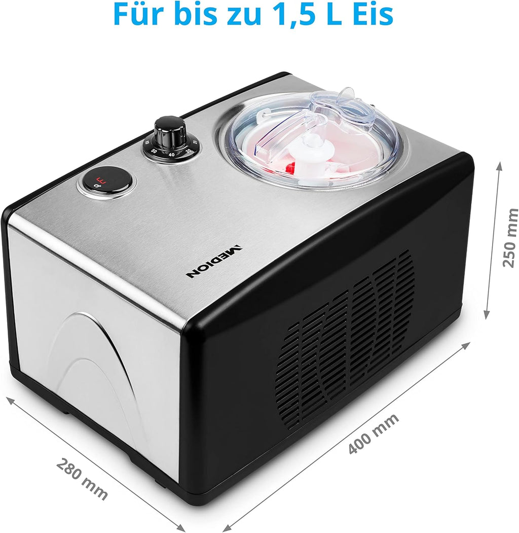 MEDION Eismaschine mit Kompressor (selbstkühlend, geeignet für die Zubereitung von Eiscreme, Frozen Yoghurt & Sorbet, 1,5 Liter, 150 Watt, MD 18387)